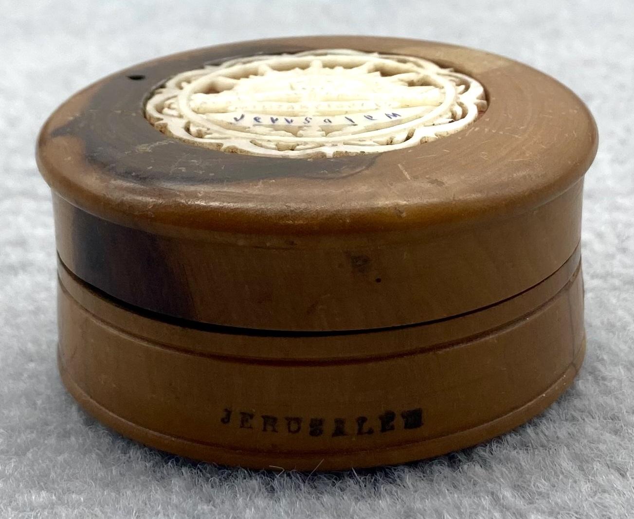 Side view of souvenir trinket box from Jerusalem