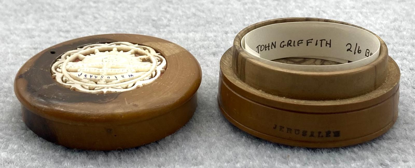 Oblique side view of souvenir trinket box from Jerusalem with lid off