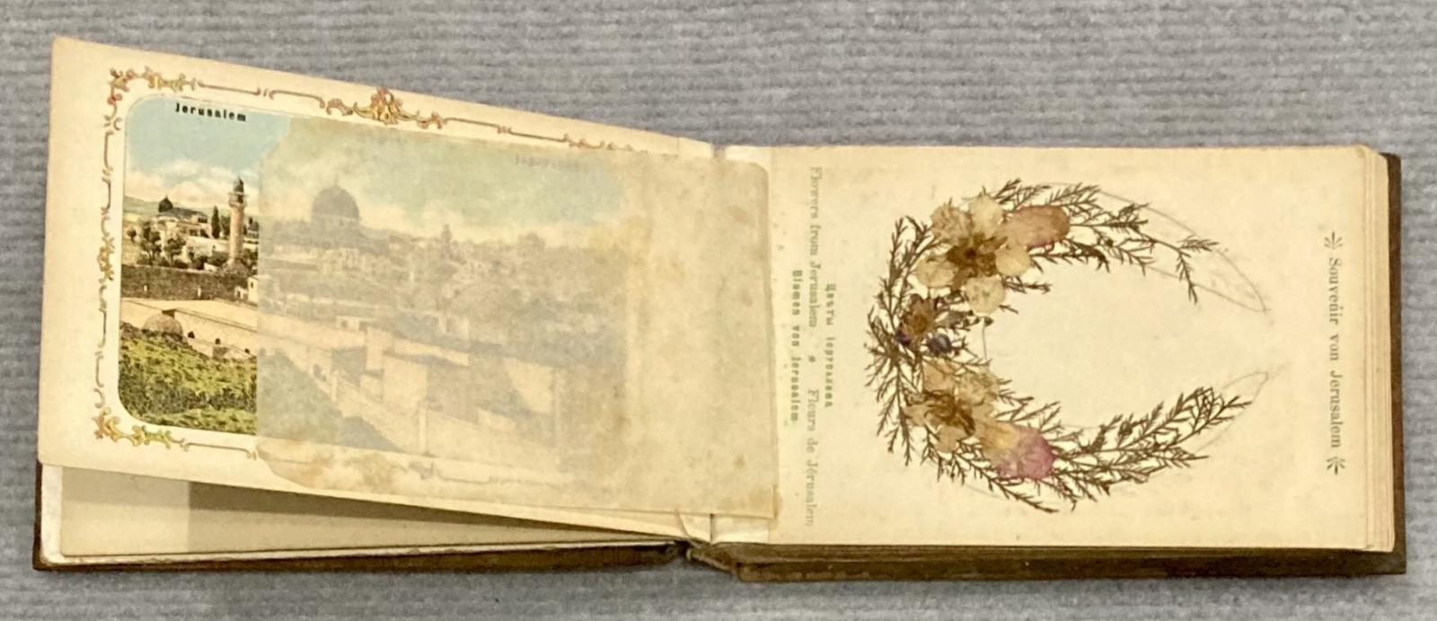 Inside page of souvenir olive wood album showing pressed flowers
