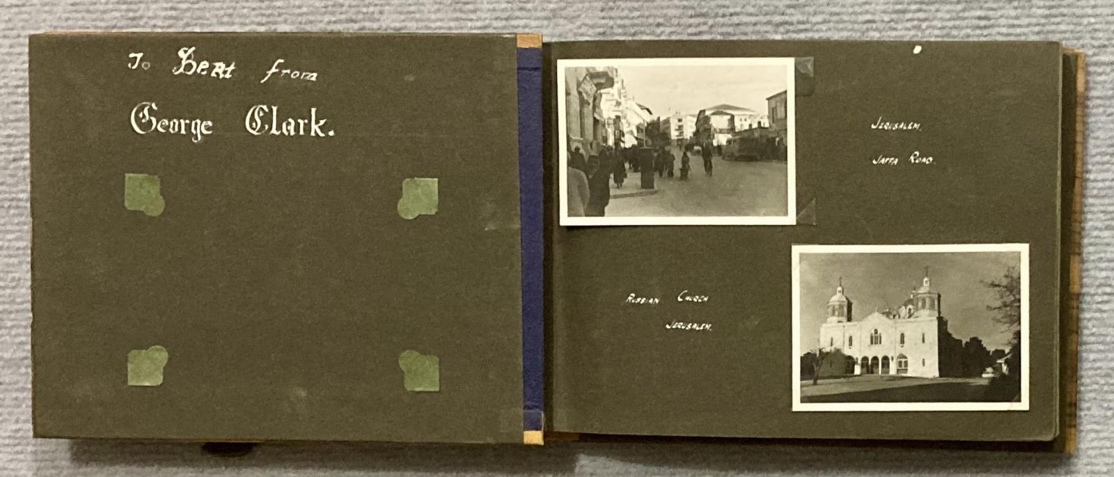 Inside cover of souvenir olive wood photo album sent by George Clark to Bert