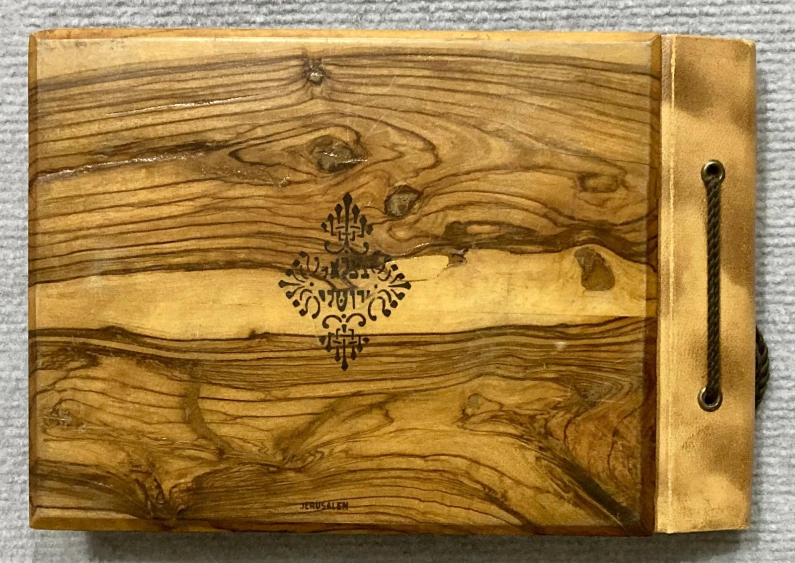 Back cover of souvenir olive wood photo album sent by George Clark to Bert