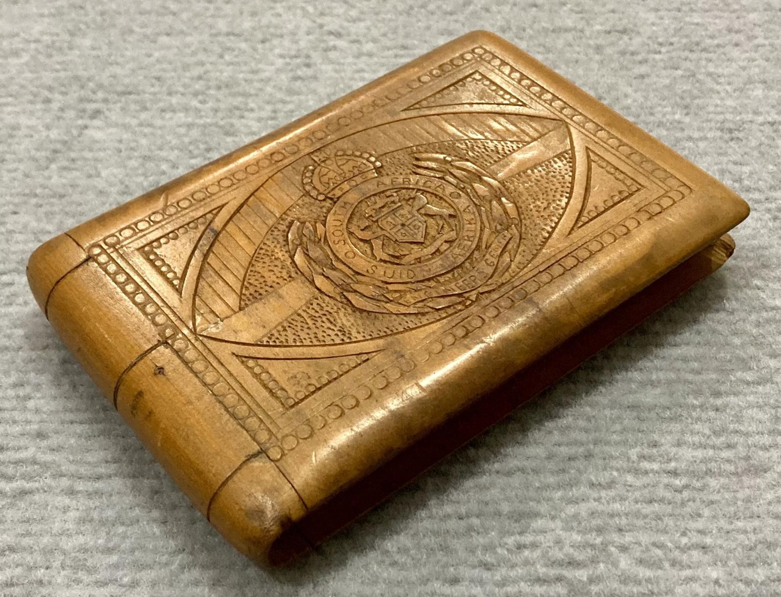 Souvenir timber case featuring carved South African Engineers badge