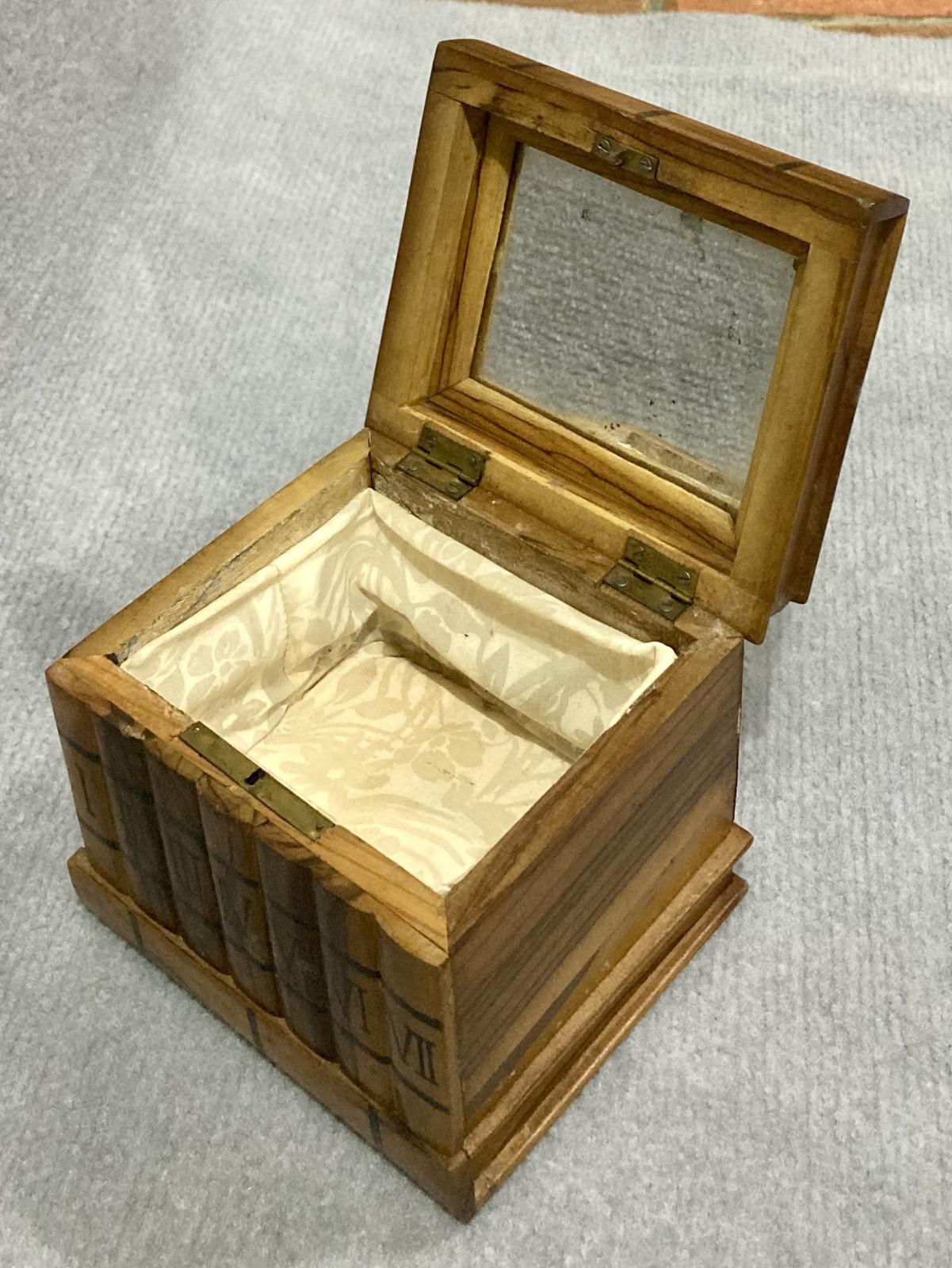 Oblique view of open souvenir olive wood jewellery box