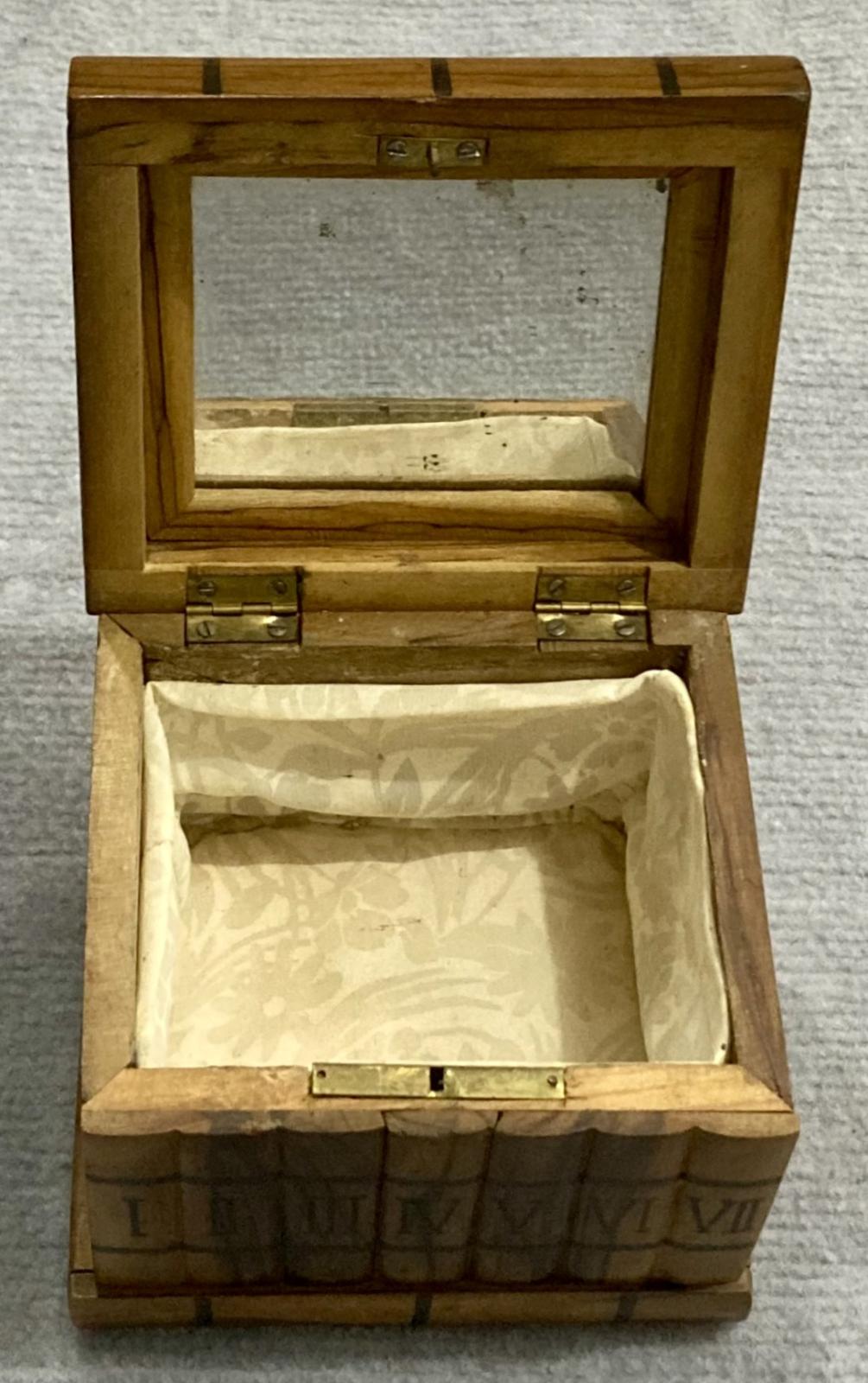 Front view of open souvenir olive wood jewellery box