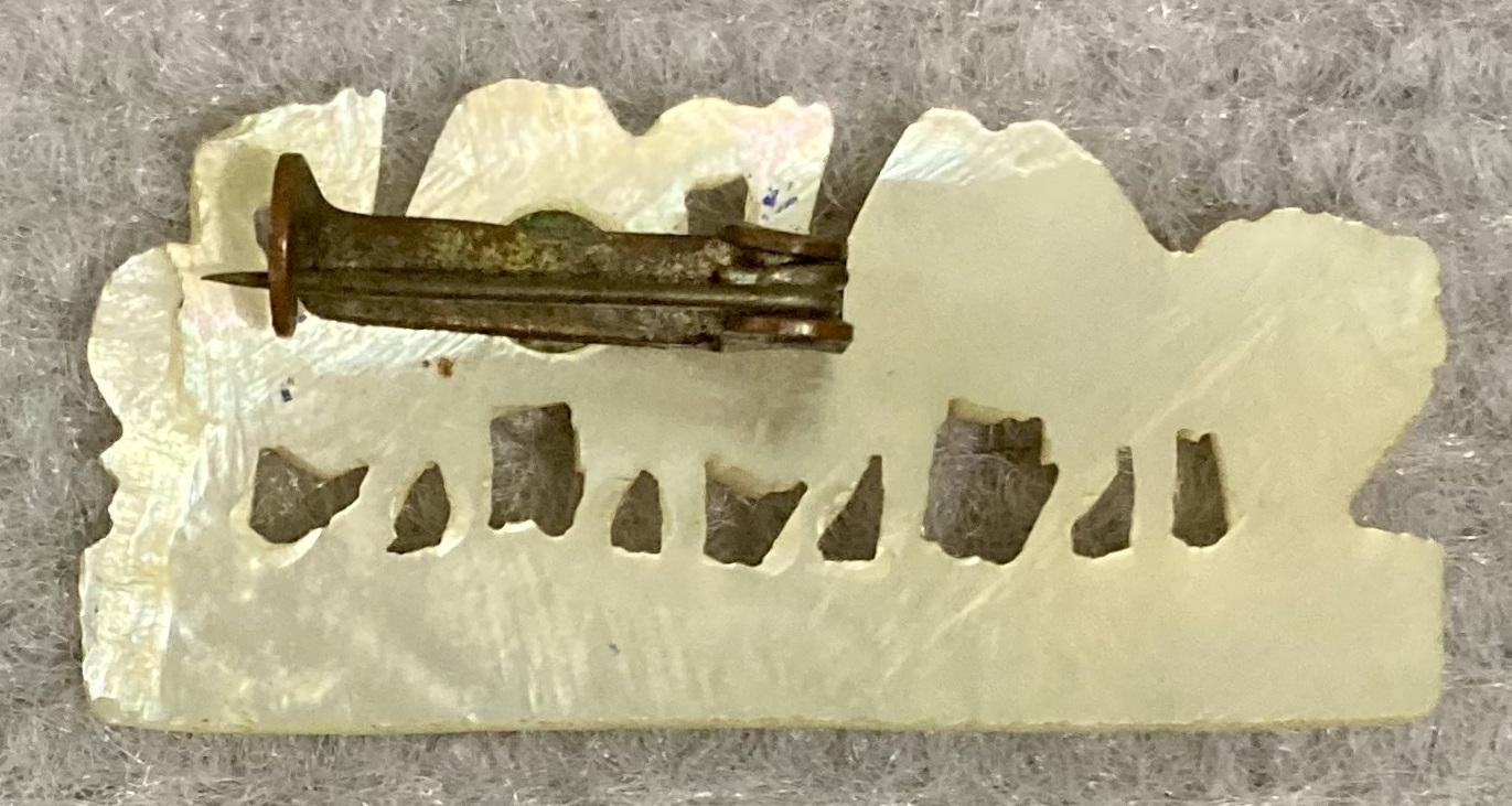 Reverse of Mother of Pearl camel brooch sent from Bethlehem by Theophilus Thomas Walters