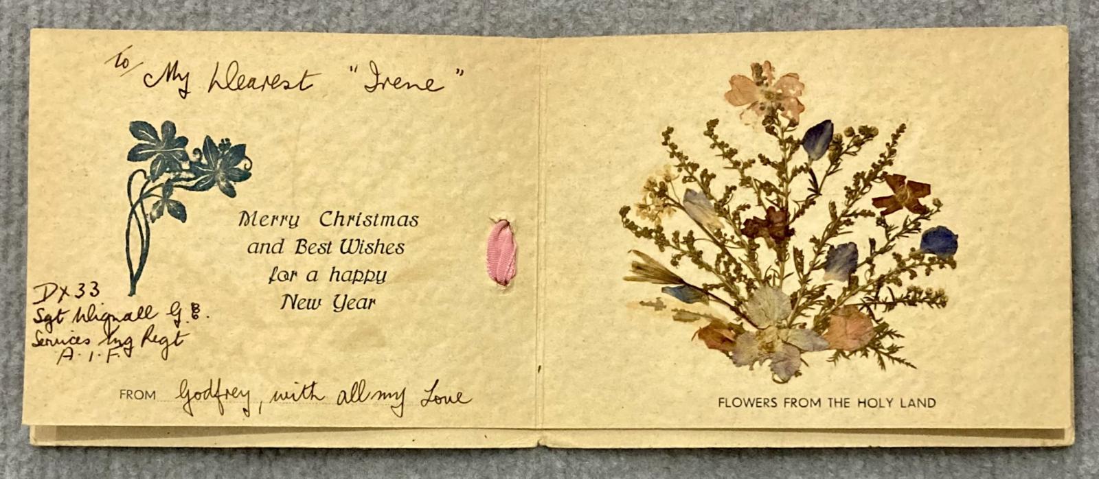 Centre leaves of Christmas card sent from the Holy Land by Godfrey Edward Wignall 