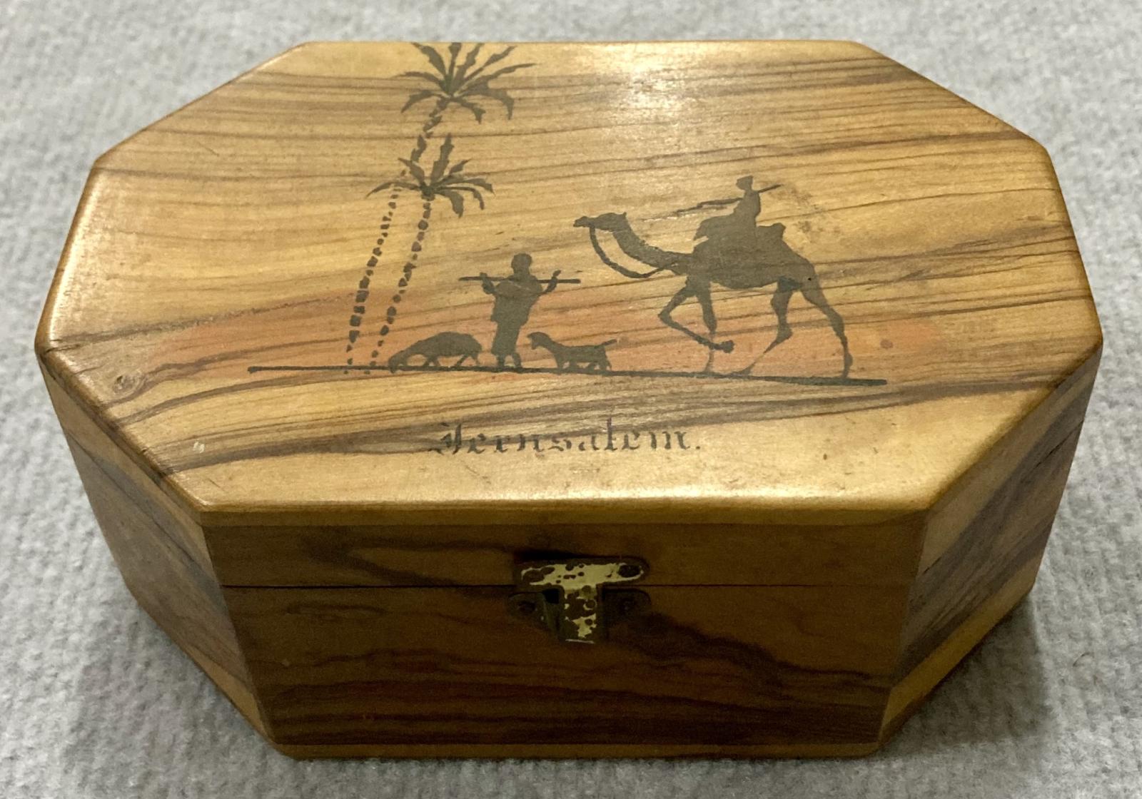 Front view of souvenir olive wood jewellery box from Jerusalem