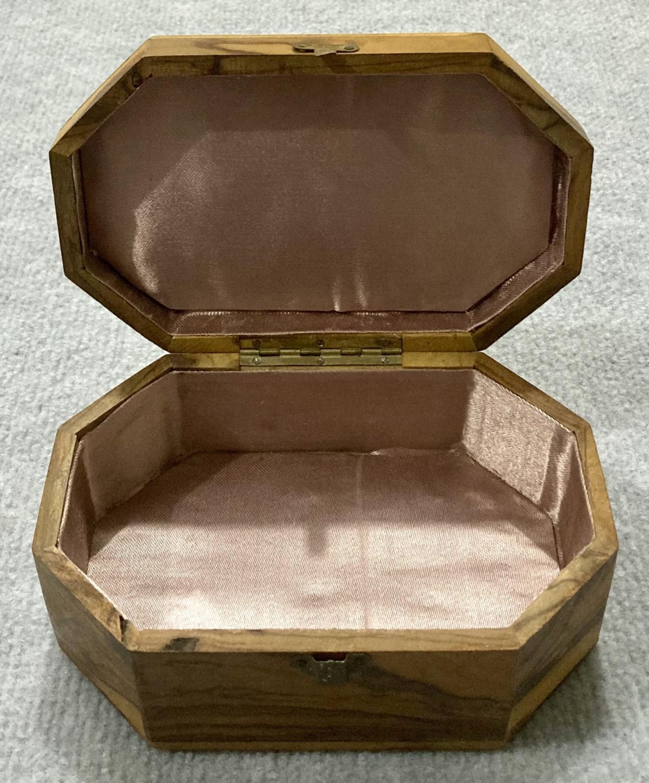 Front view of souvenir olive wood jewellery box from Jerusalem