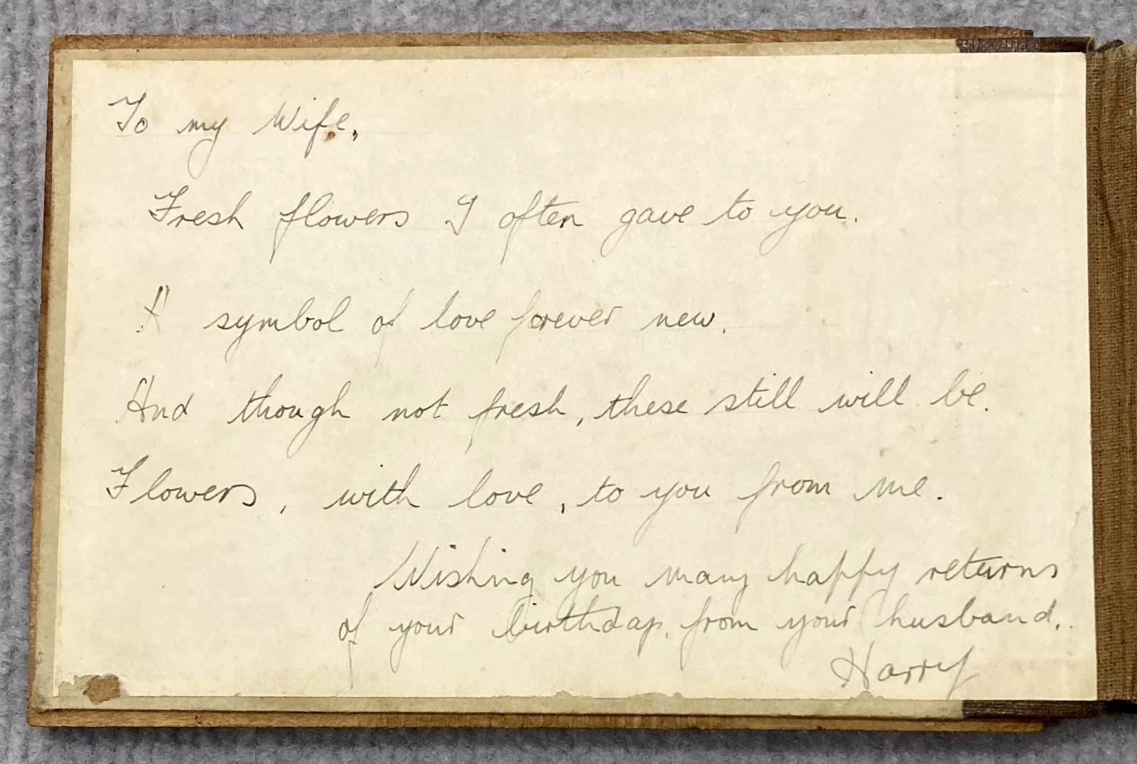 Dedication from Harry to wife for birthday on inside cover