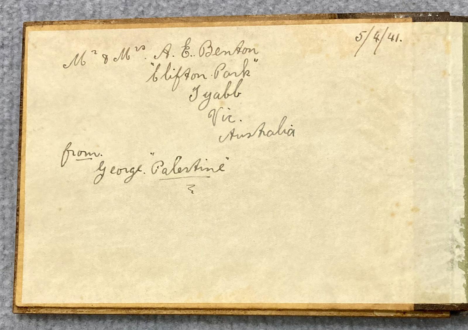 Dedication from George Benton to parents on inside cover