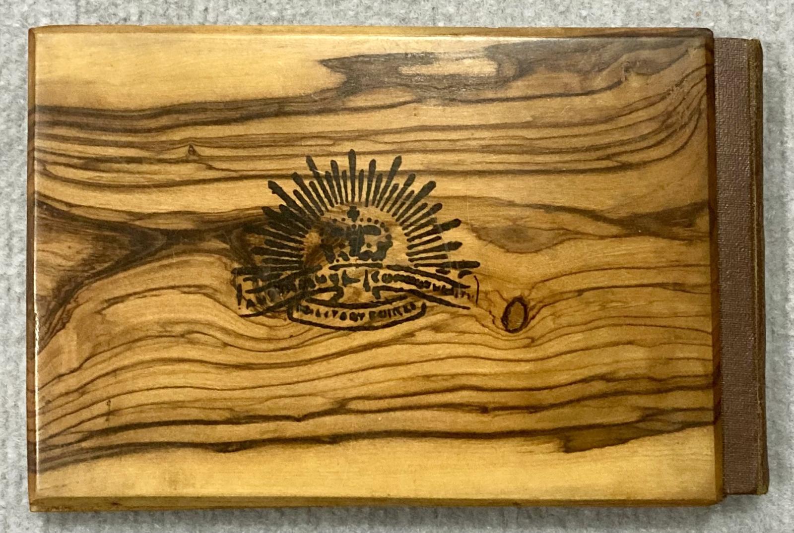 Back cover of souvenir olive wood album 