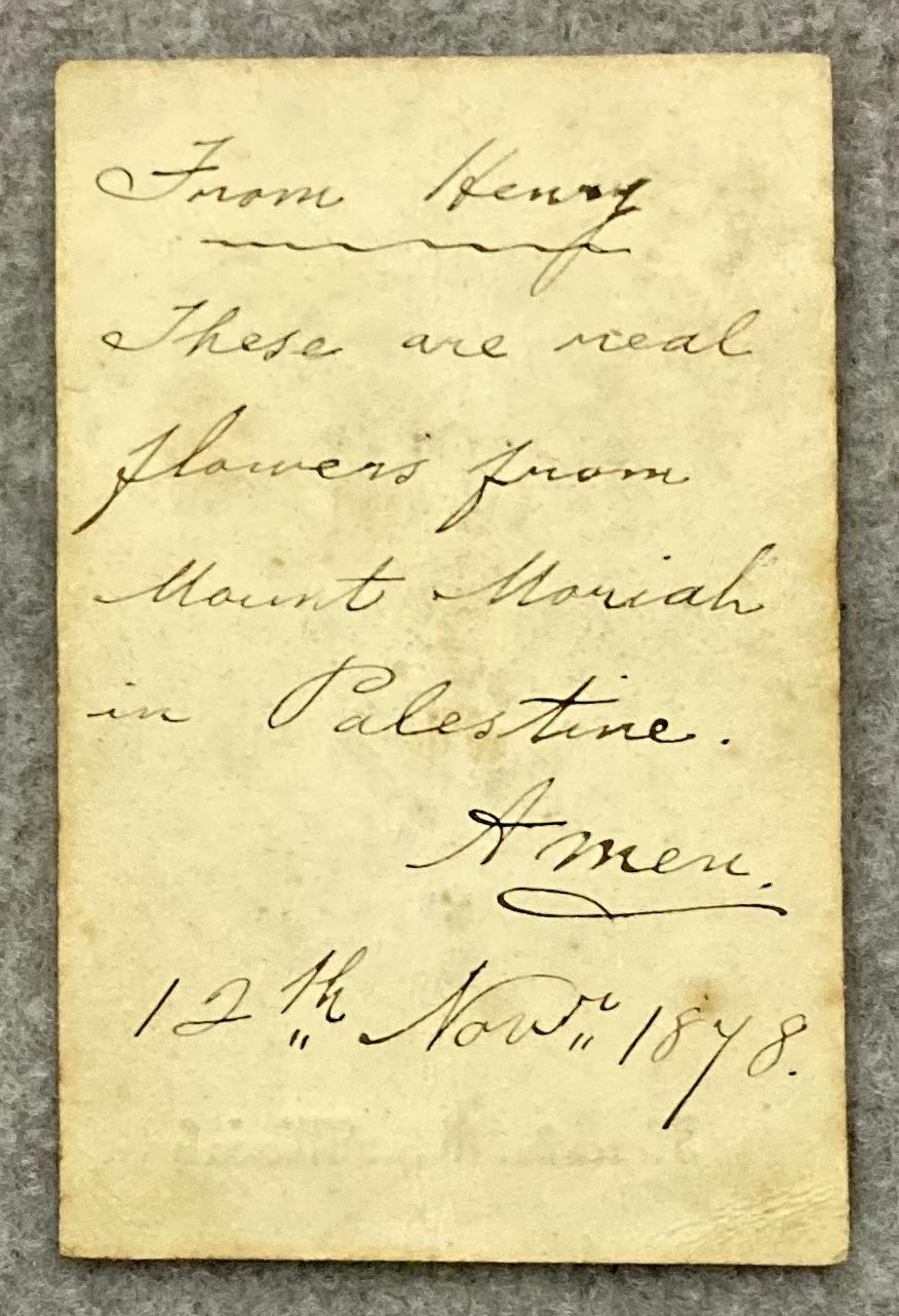 Reverse of souvenir card with pressed flowers sent by Henry in 1878