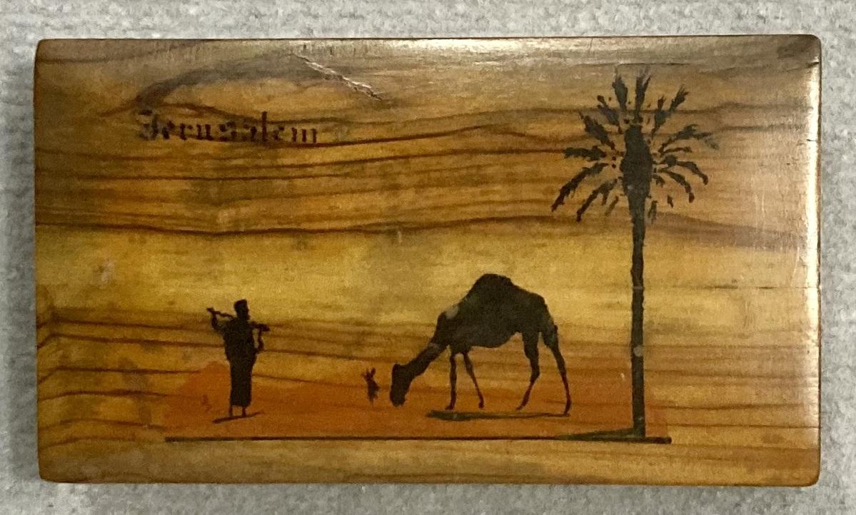 Top view of souvenir olive wood box from Jerusalem