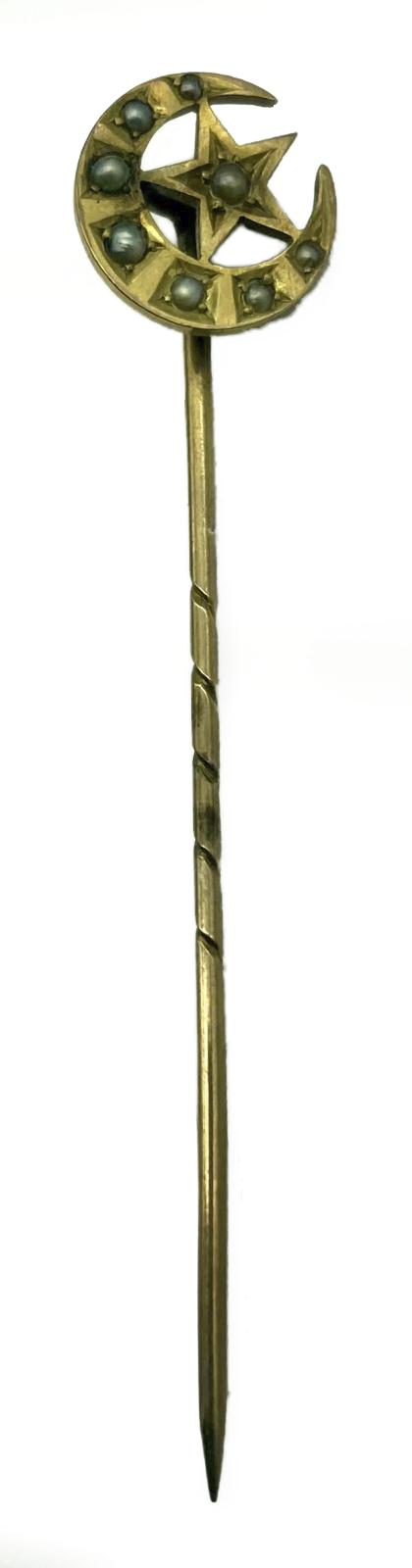 Ottoman gold and seed pearl stick pin in form of crescent and star