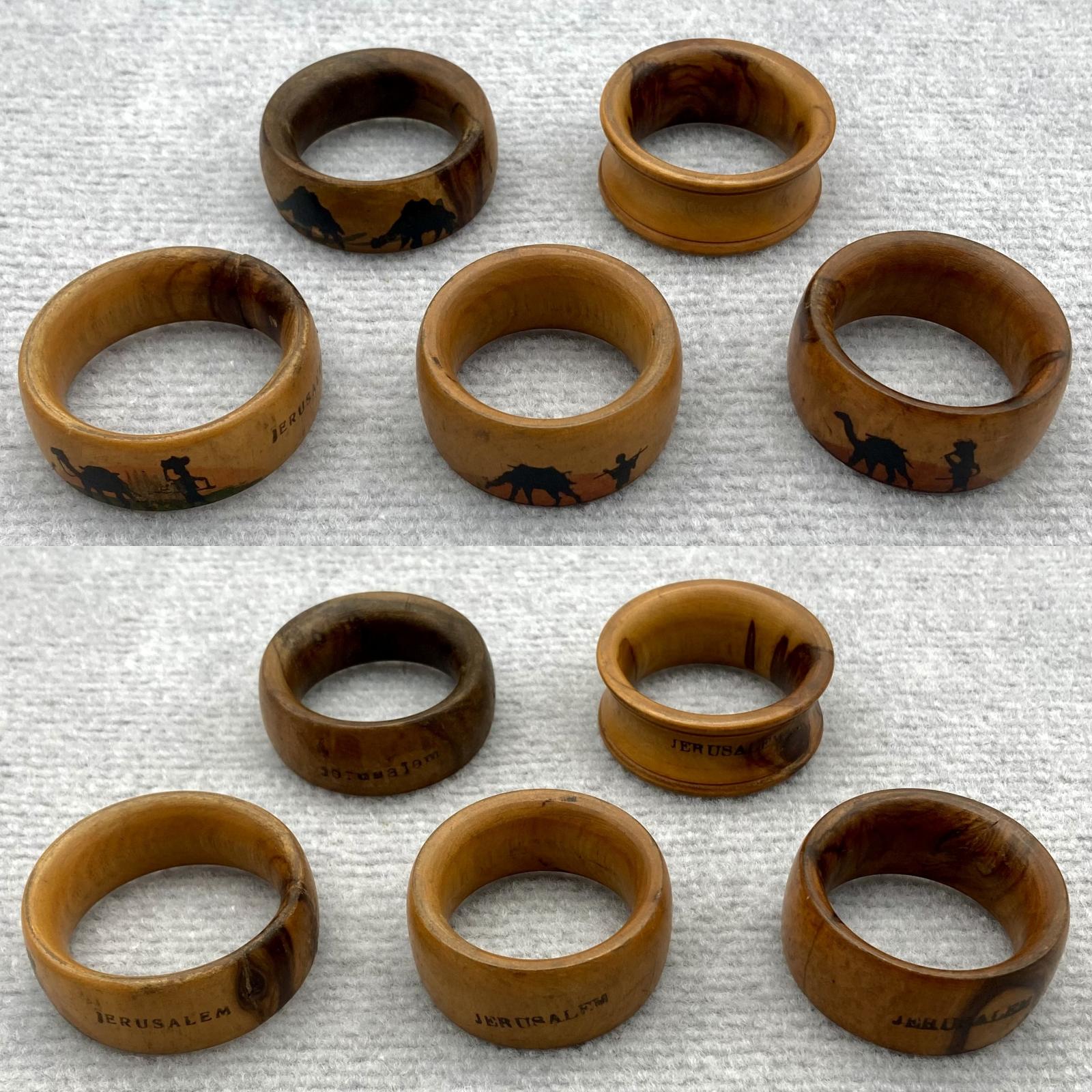 Souvenir olive wood napkin rings from Jerusalem showing side view from above