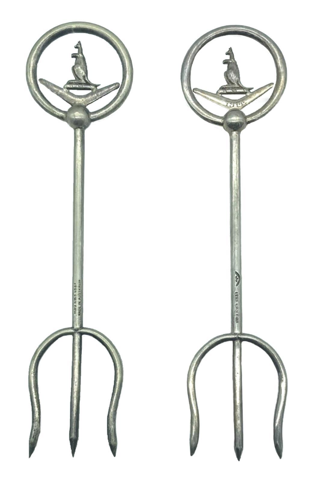 Silver plated trident bread forks with decorative tops - Kangaroo