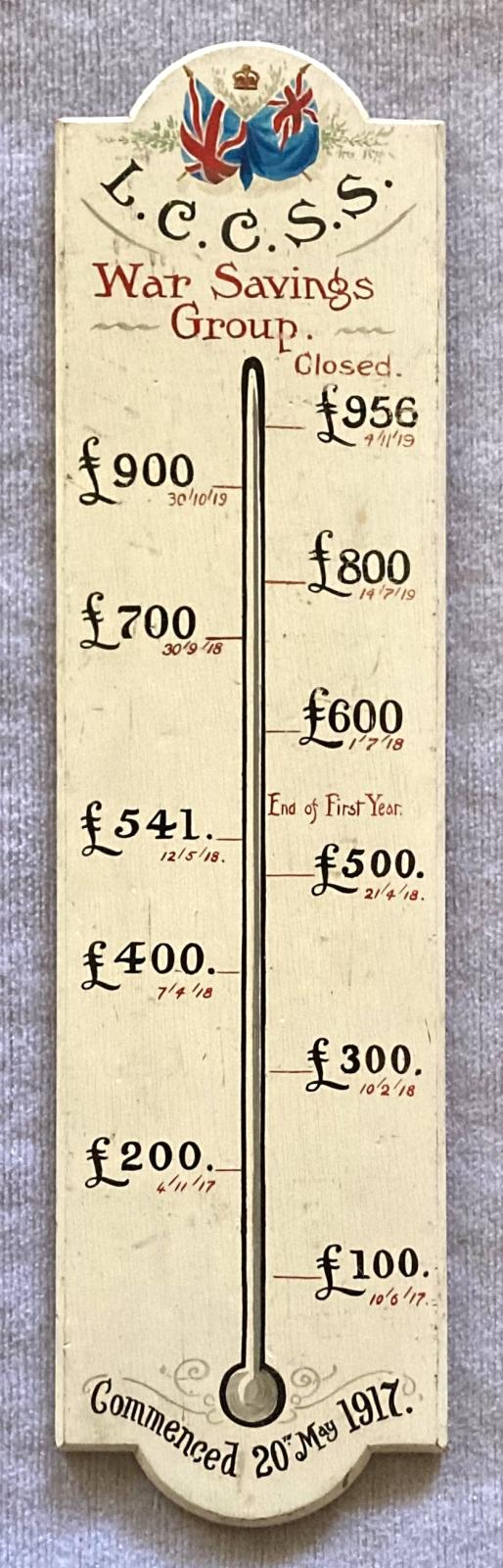 Painted timber War Savings Group plaque in form of thermometer