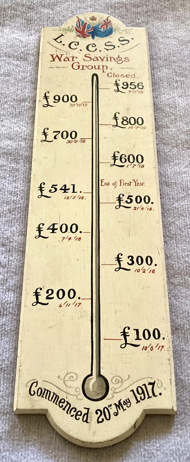 Angled view of painted timber War Savings Group plaque in form of thermometer