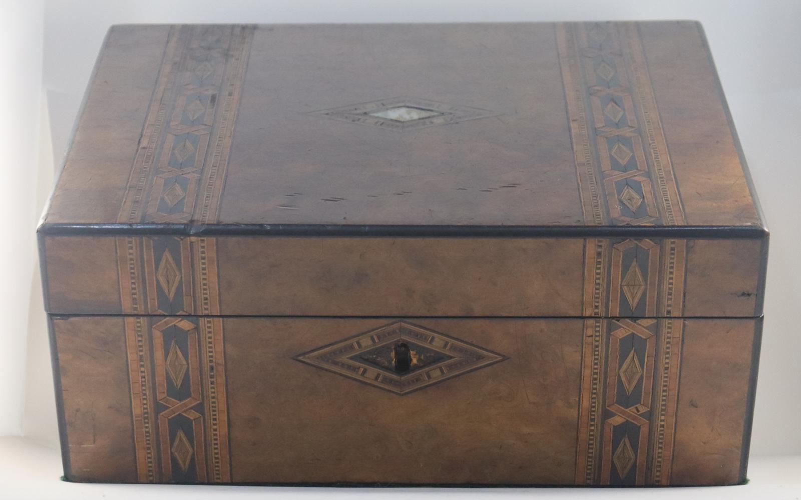 Front and top view of Antique Banded Inlaid Writing Box