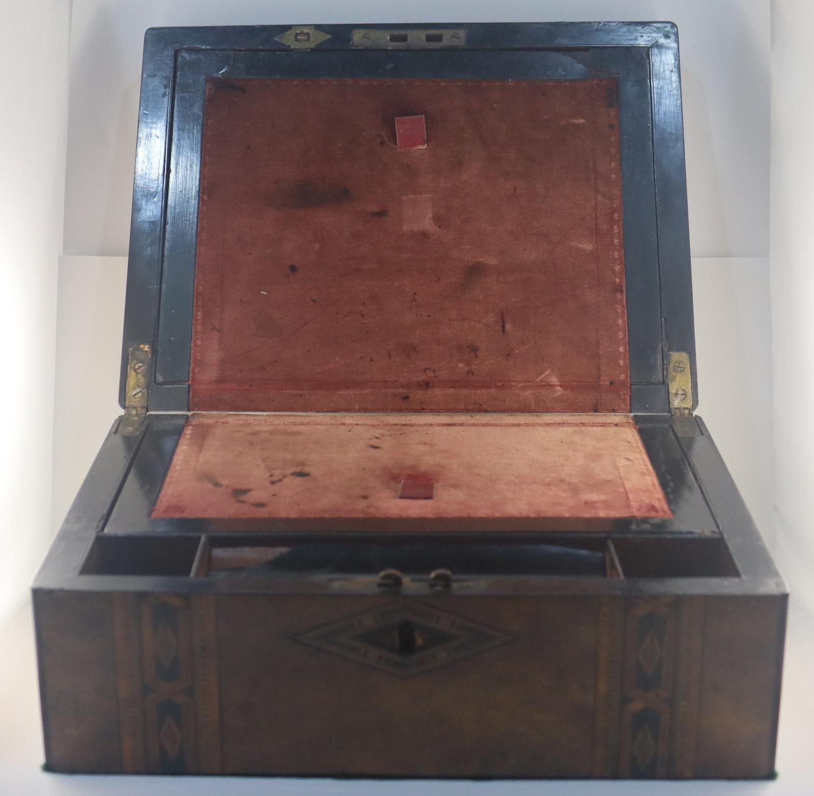 Open view of Antique Banded Inlaid Writing Box