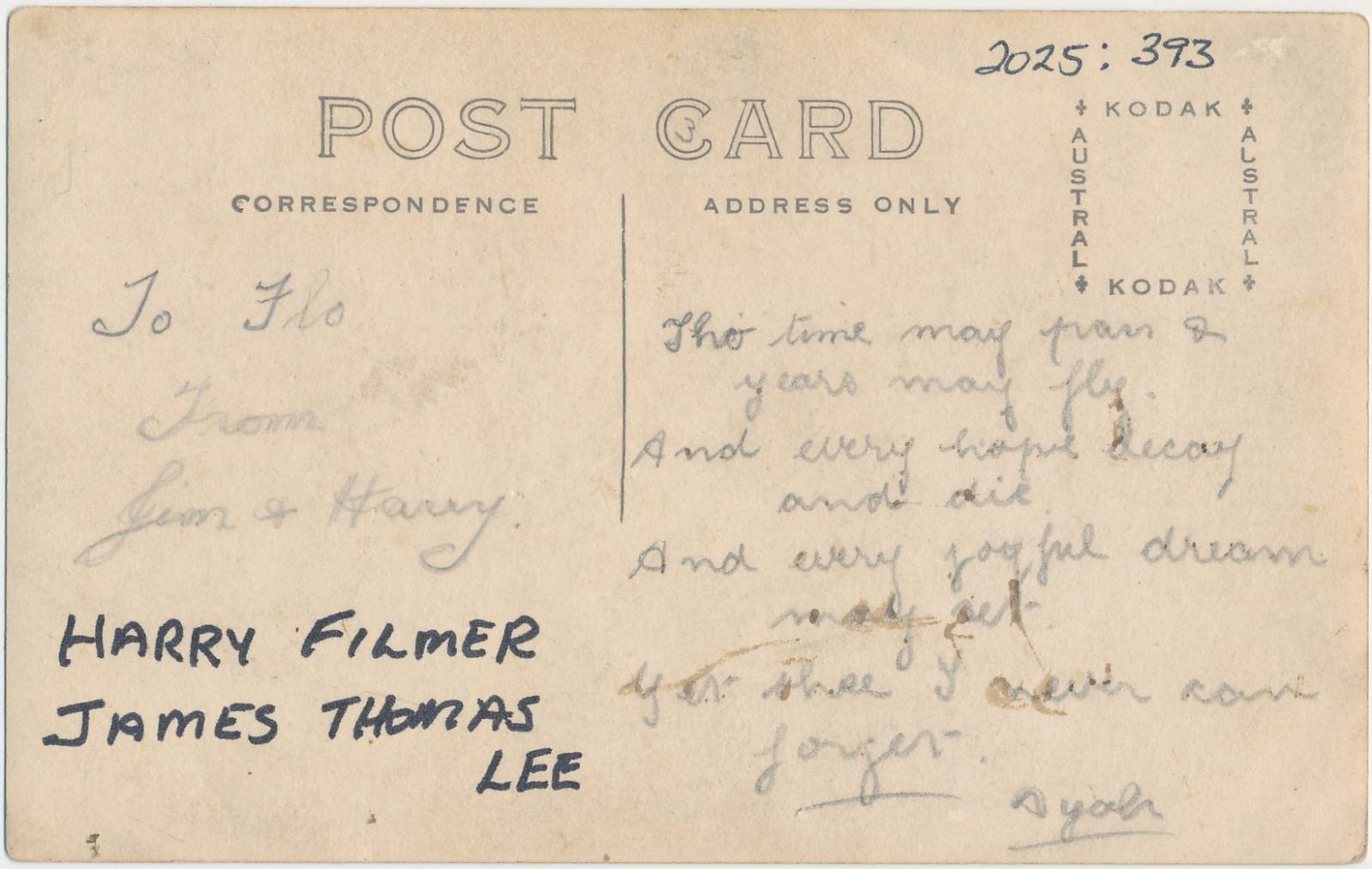 Back of postcard of Harry Filmer & James Thomas Lee