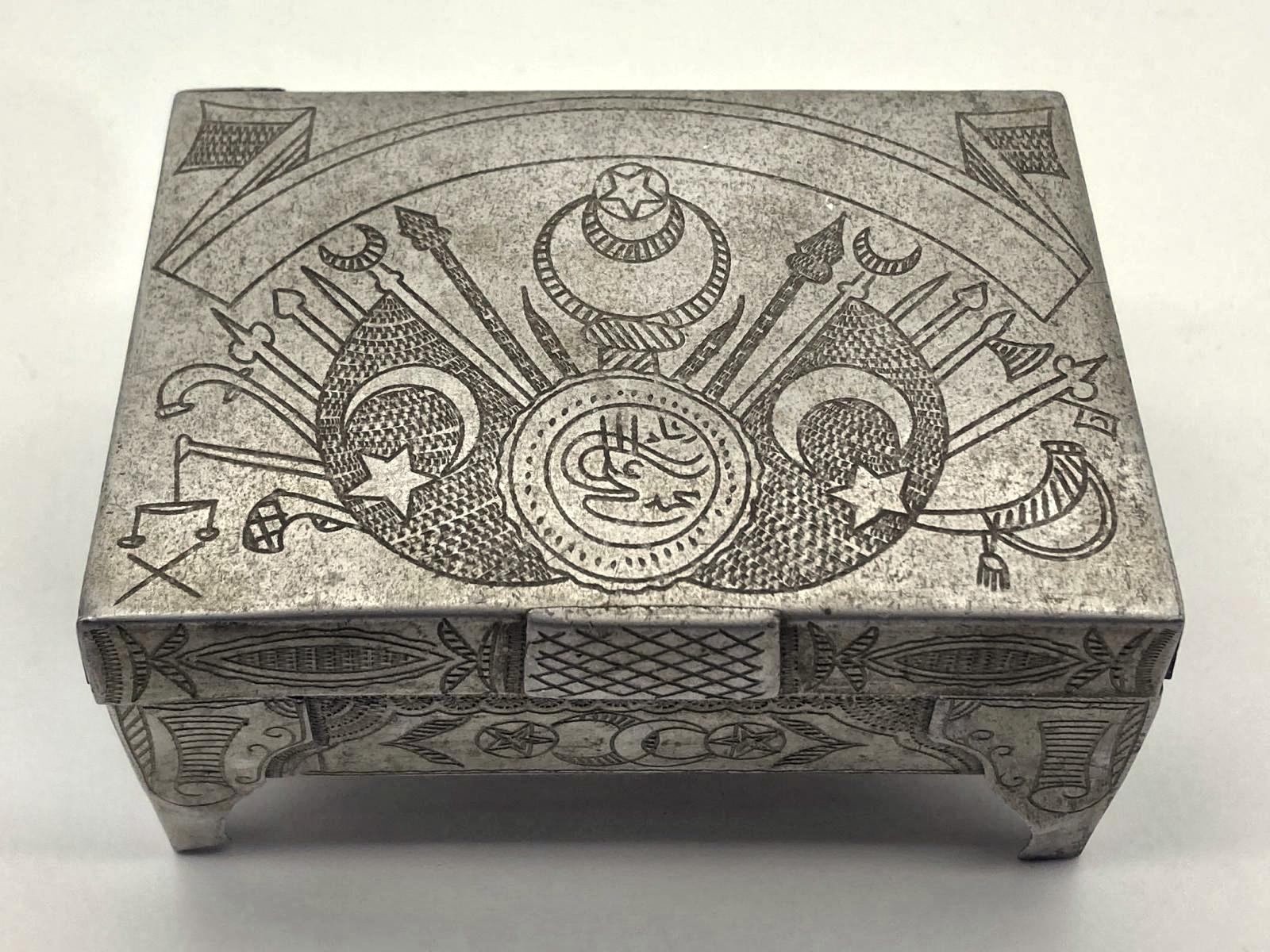 Front view of Ottoman POW trench art cigarette box