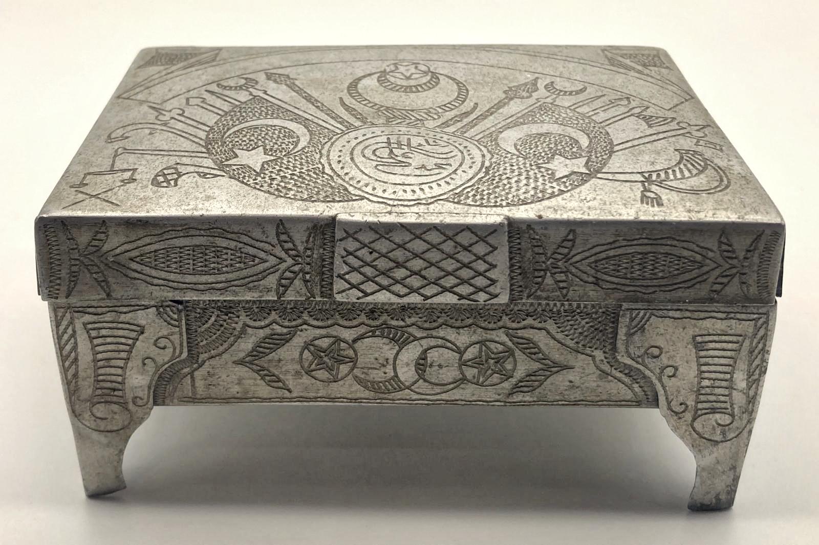 Front view of Ottoman POW trench art cigarette box