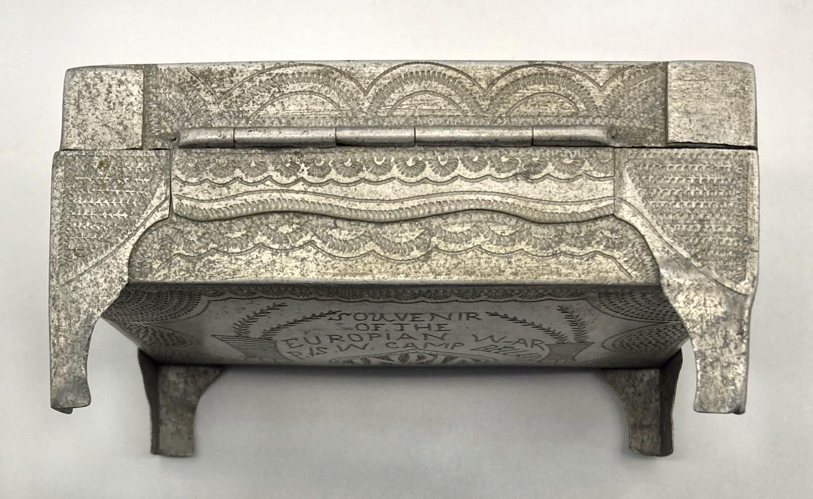 Top view of back side of Ottoman POW trench art cigarette box