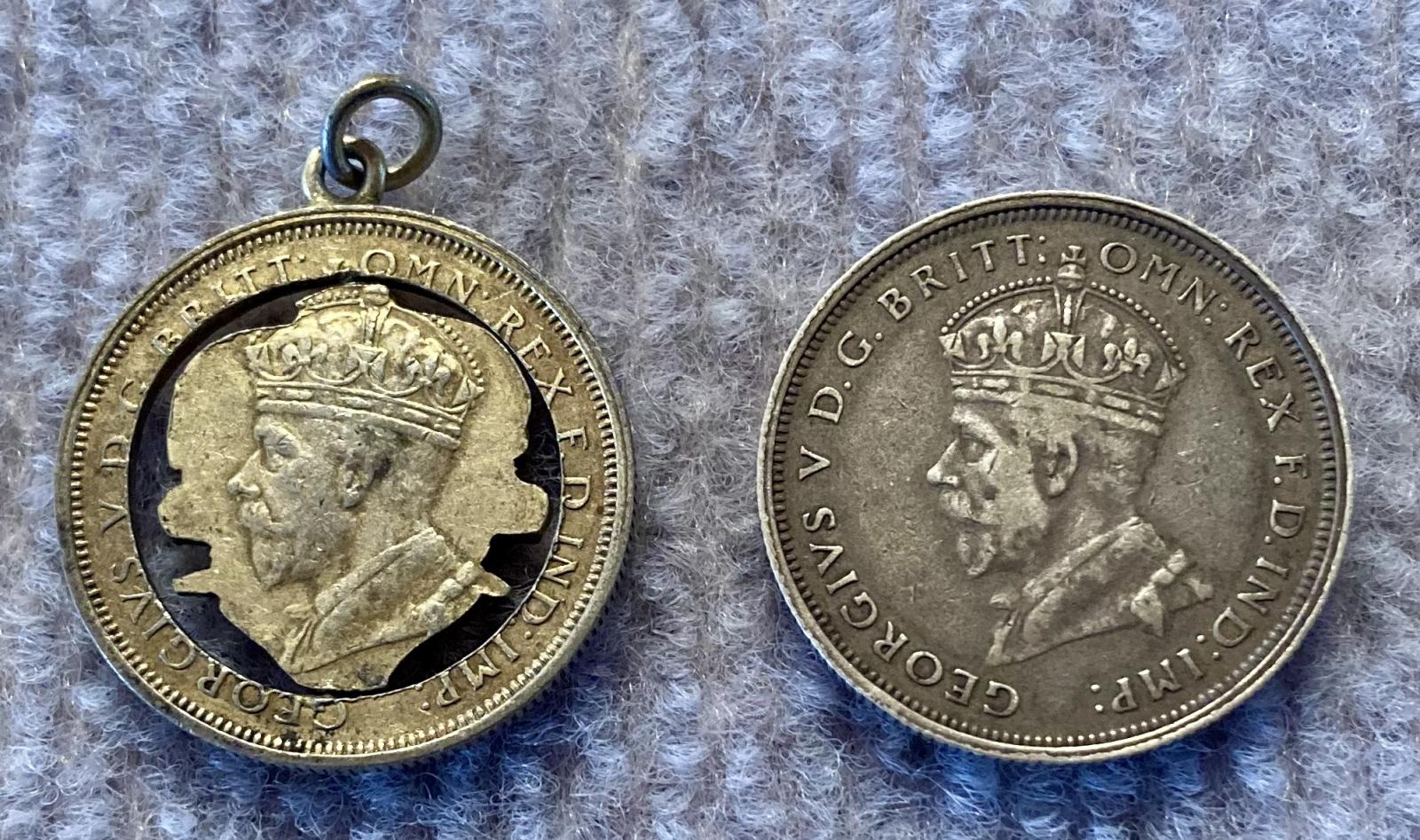 Pendant made from 1927 Australian florin with original coin - back view