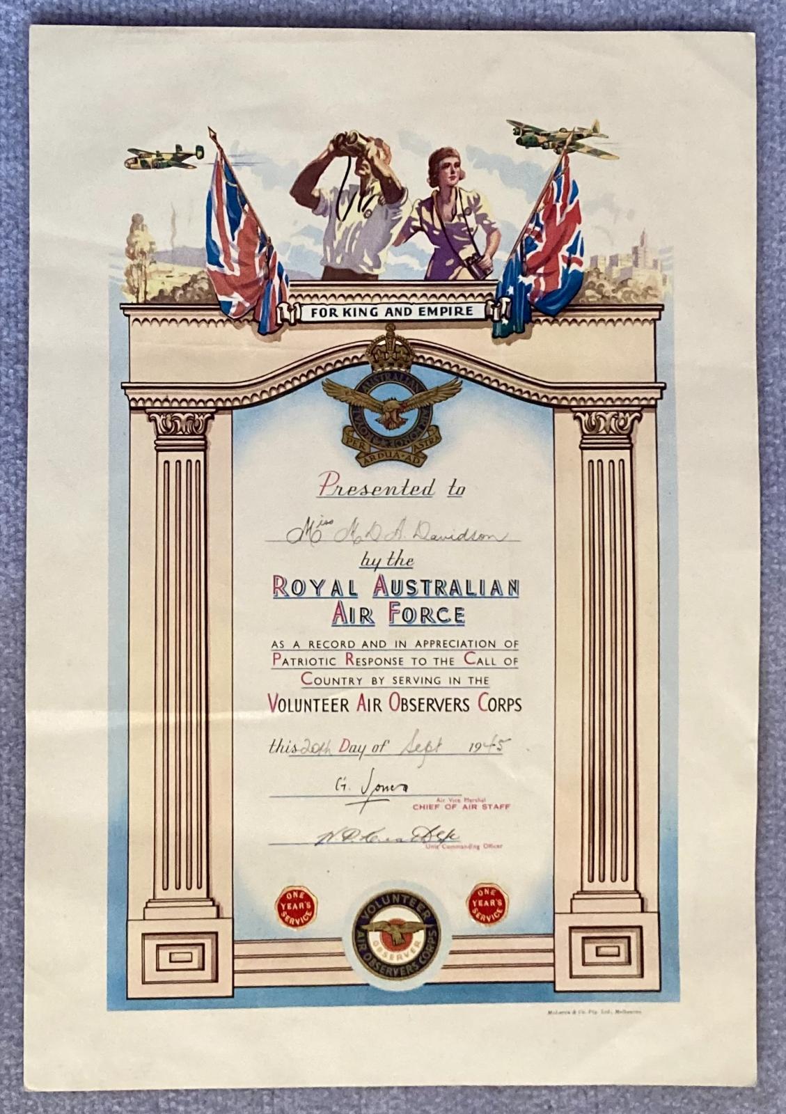 Volunteer Air Observers Corps certificate - Miss M.D.A. Davidson