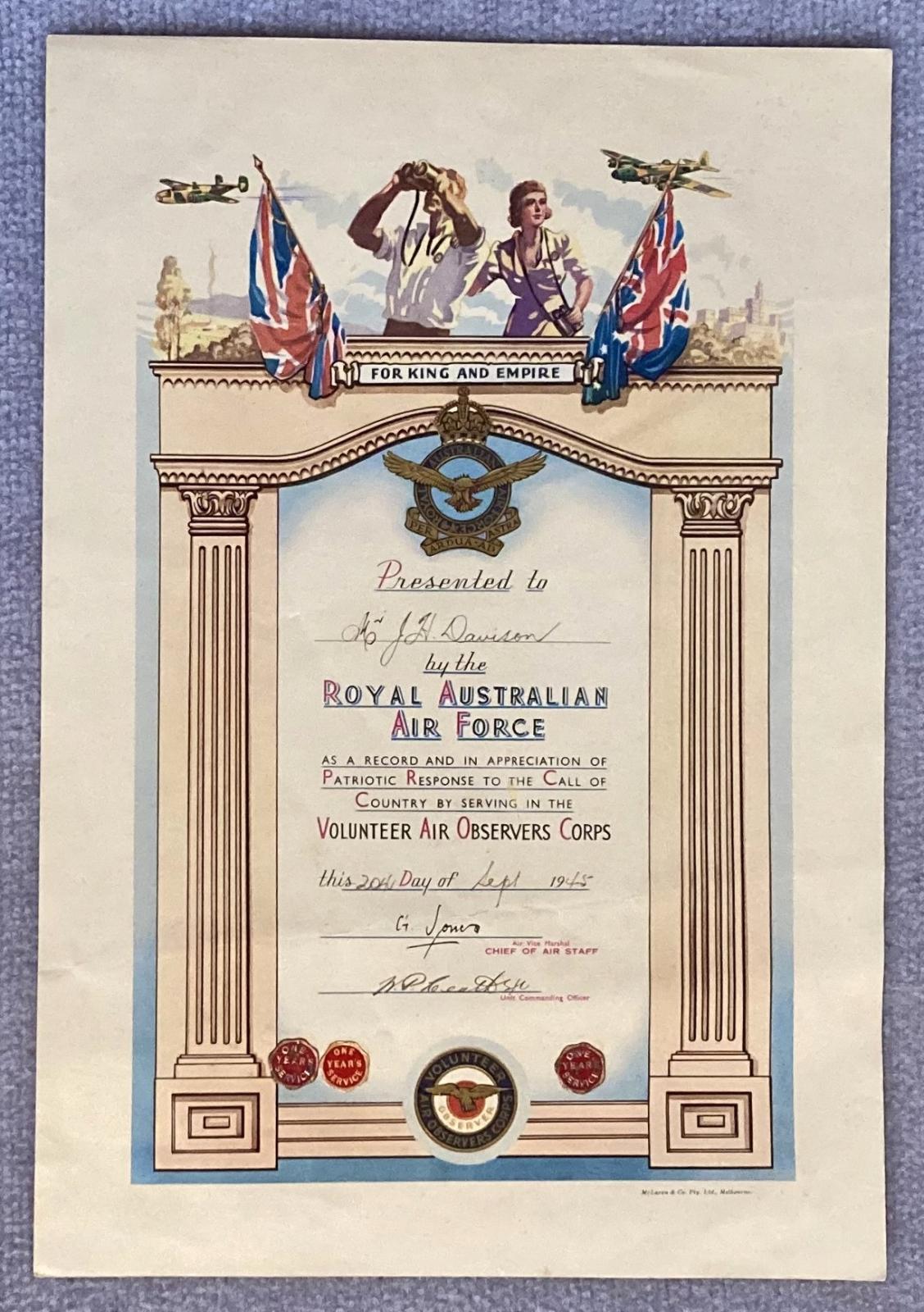 Volunteer Air Observers Corps certificate - Mr J.H. Davison