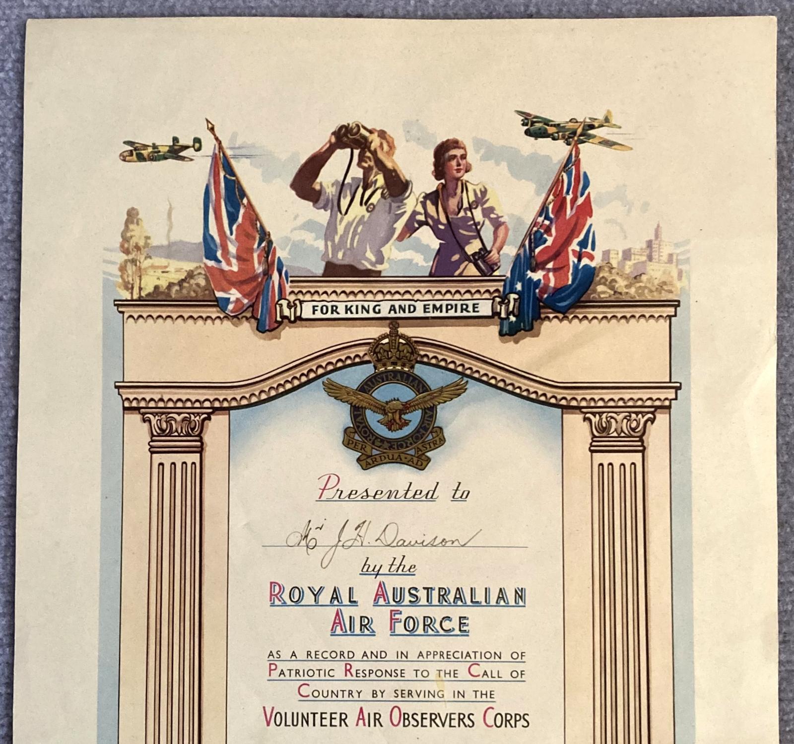 Top section of Volunteer Air Observers Corps certificate - Mr J.H. Davison