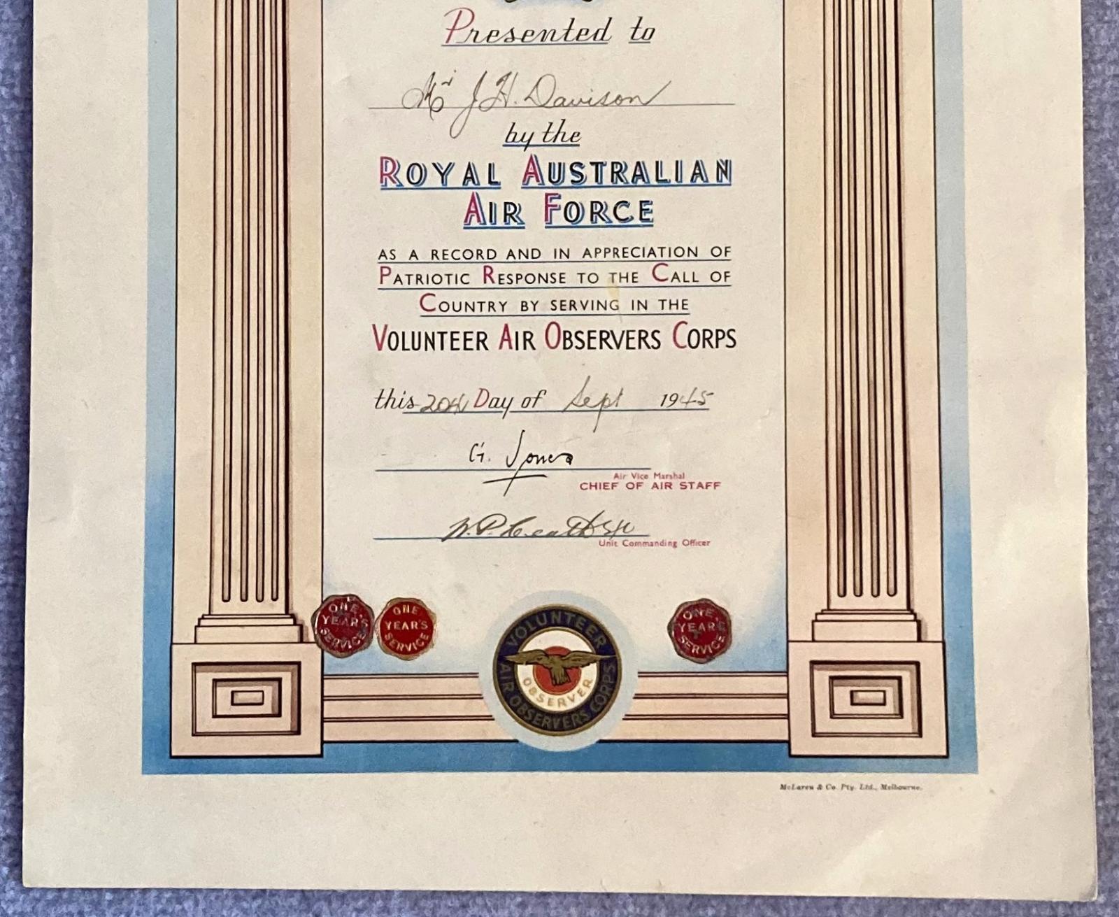 Bottom section of Volunteer Air Observers Corps certificate - Mr. J.H. Davison
