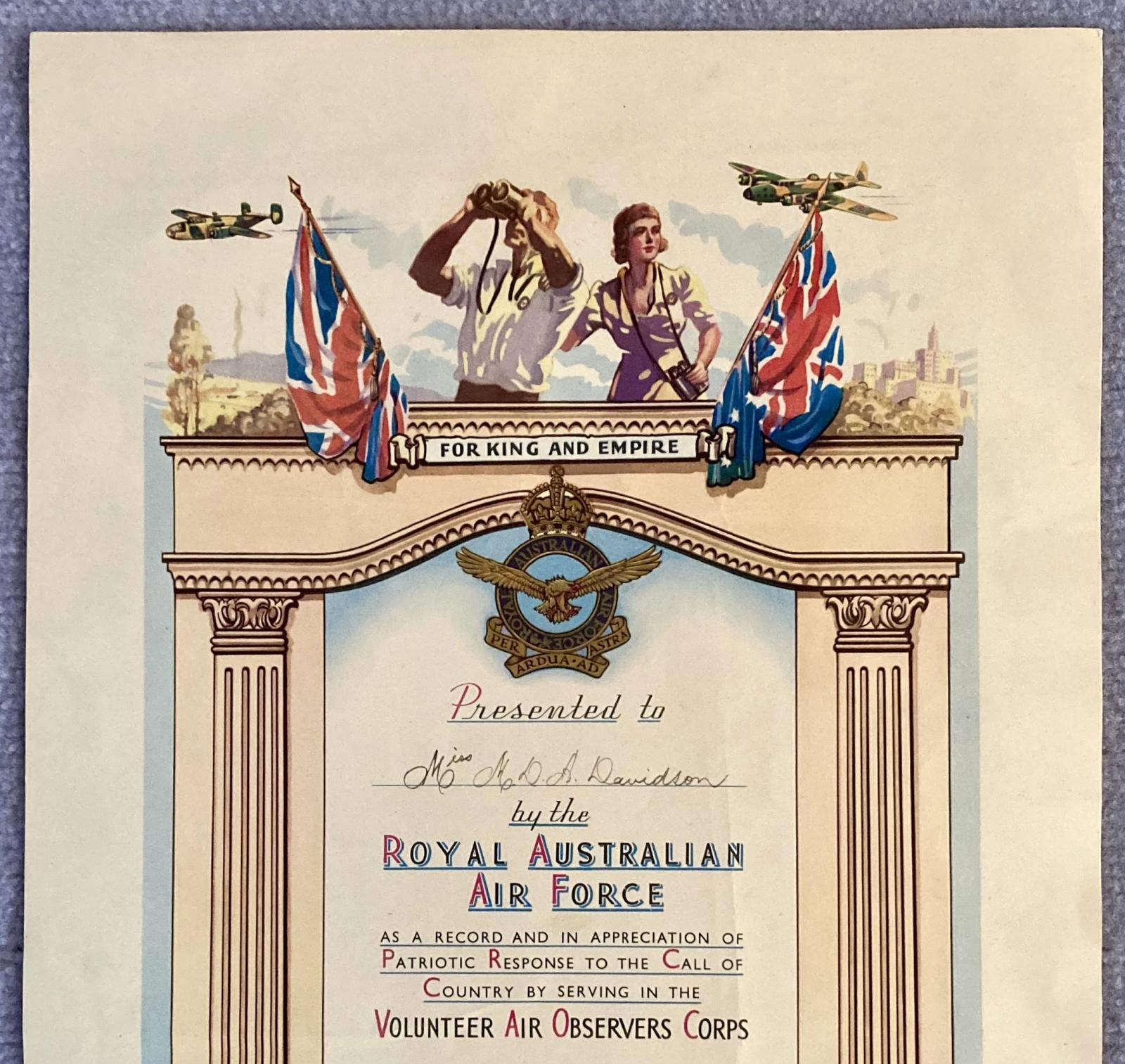 Top section of Volunteer Air Observers Corps certificate - Miss M.D.A. Davidson