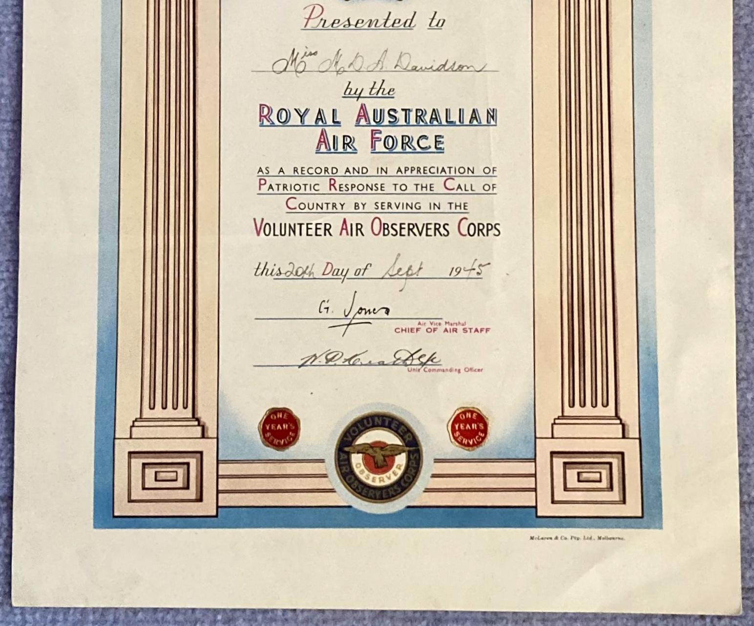 Bottom Section of Volunteer Air Observers Corps certificate - Miss M.D.A. Davidson