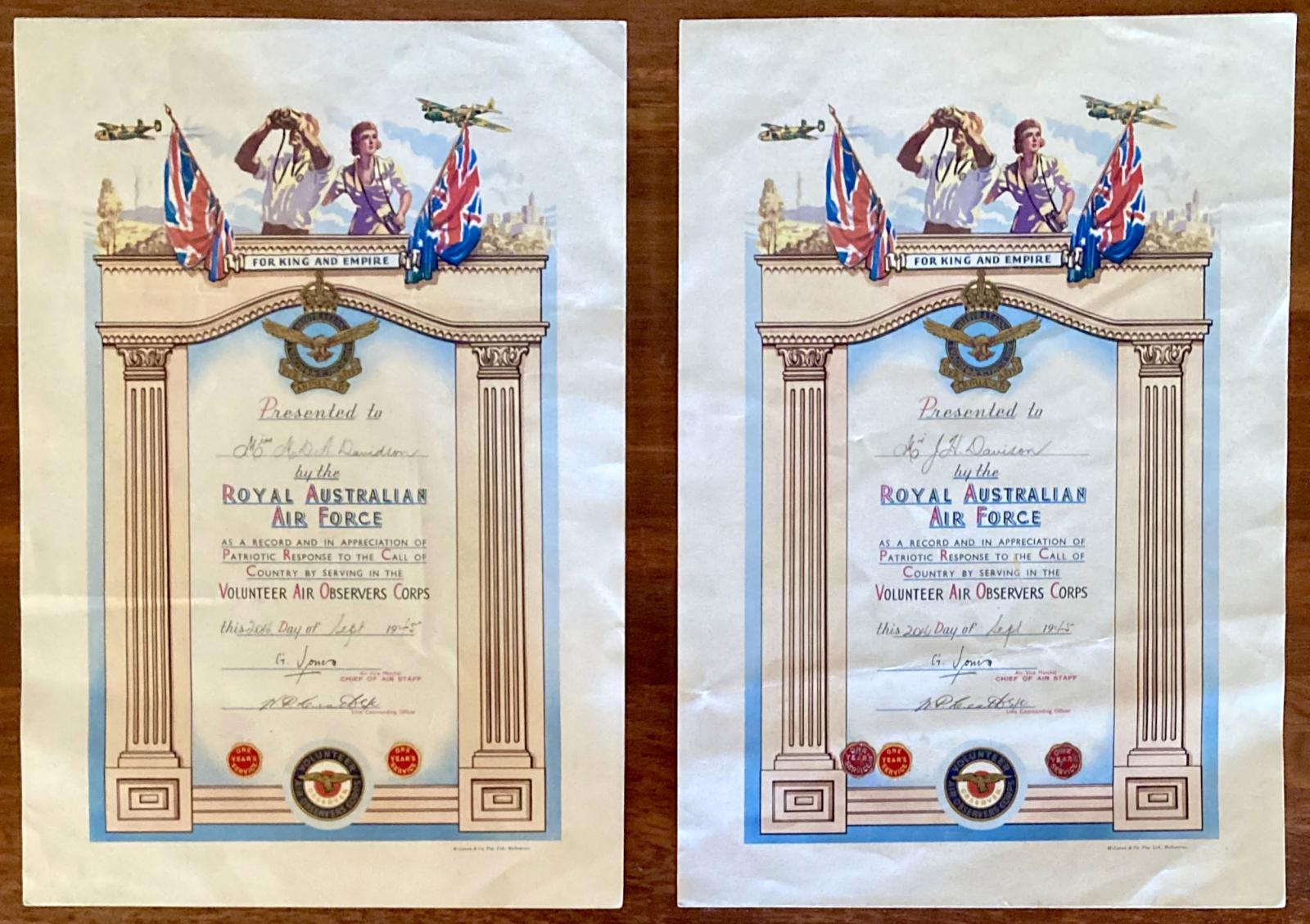 Two Volunteer Air Observers Corps certificates