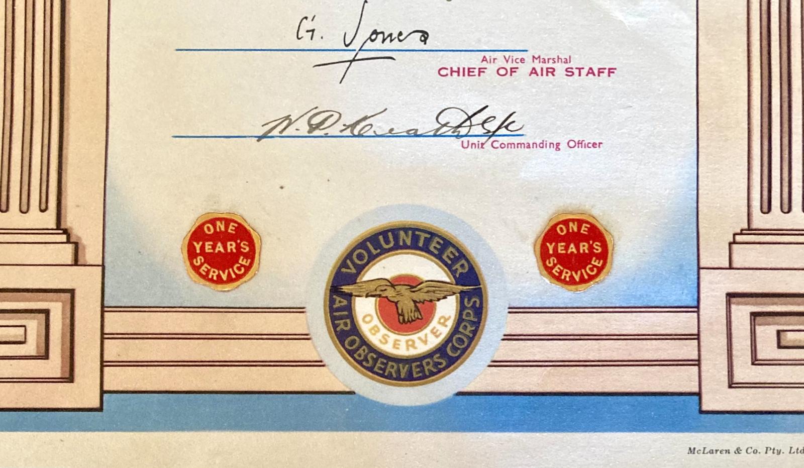 Close up of bottom of Volunteer Air Observers Corps certificate - Miss M.D.A. Davidson