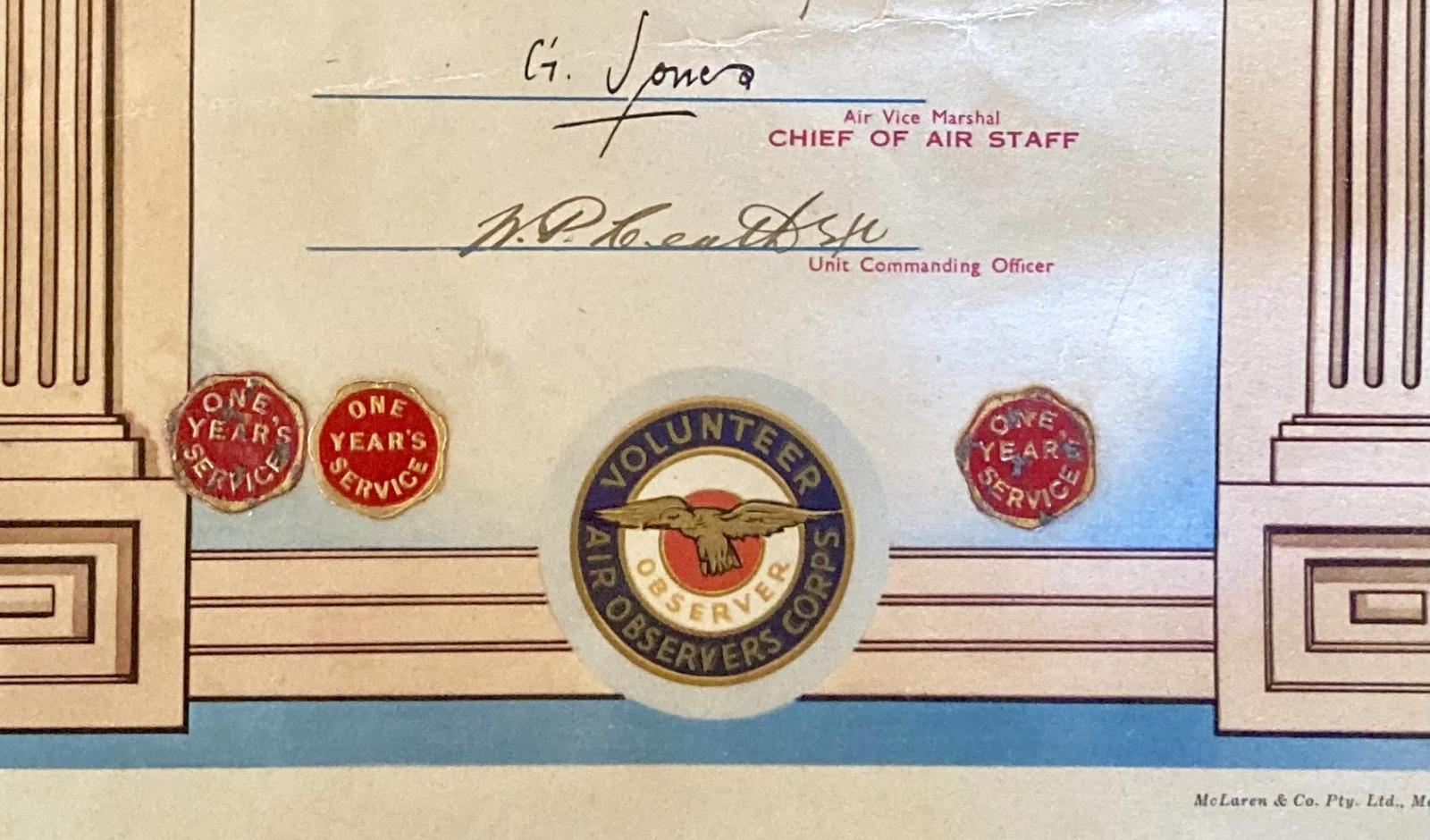 Close up bottom of Volunteer Air Observers Corps certificate