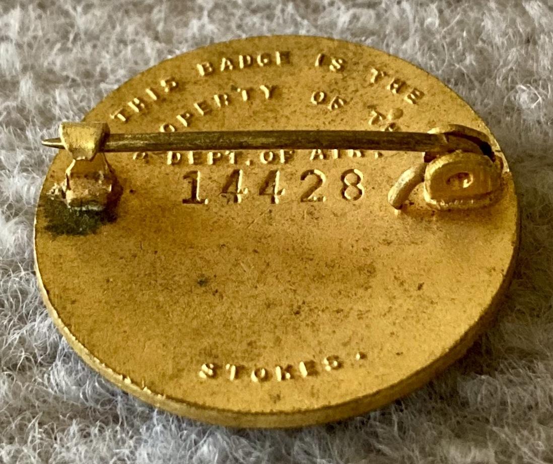Angled view of reverse of Volunteer Air Observers Corps badge - 14428