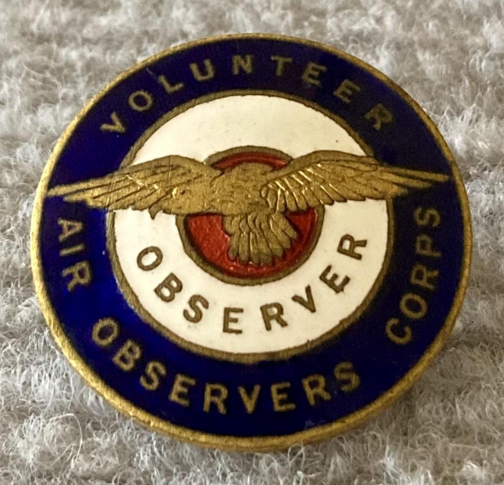 Angled view of Volunteer Air Observers Corps badge - 14416