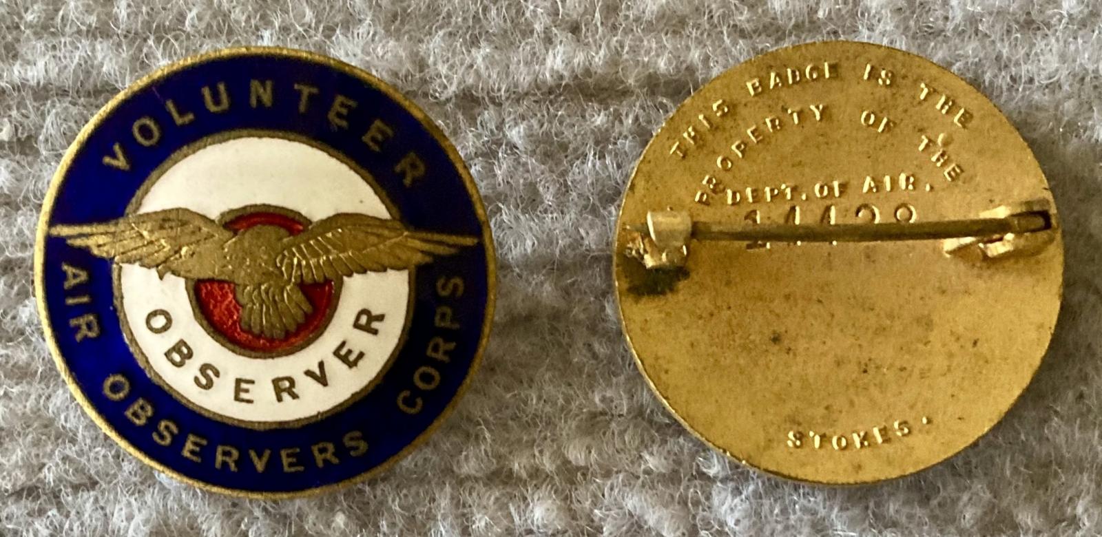 Volunteer Air Observers Corps badges showing front and back