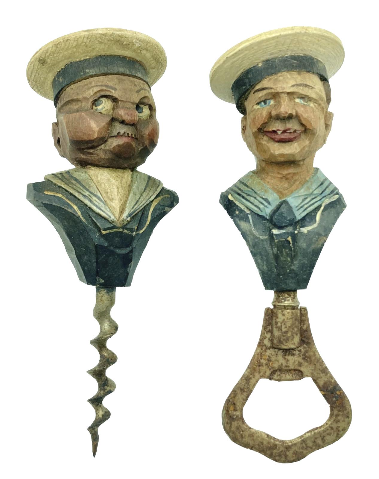 Both carved sailor barware items - corkscrew and bottle opener