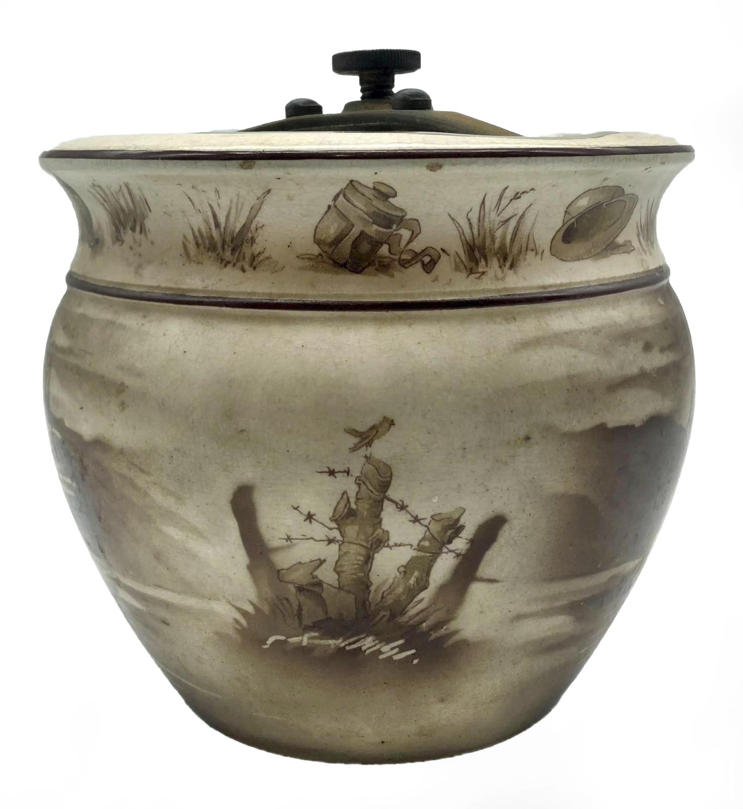 WWI era tobacco jar featuring Bruce Bairnsfather cartoon - second side view