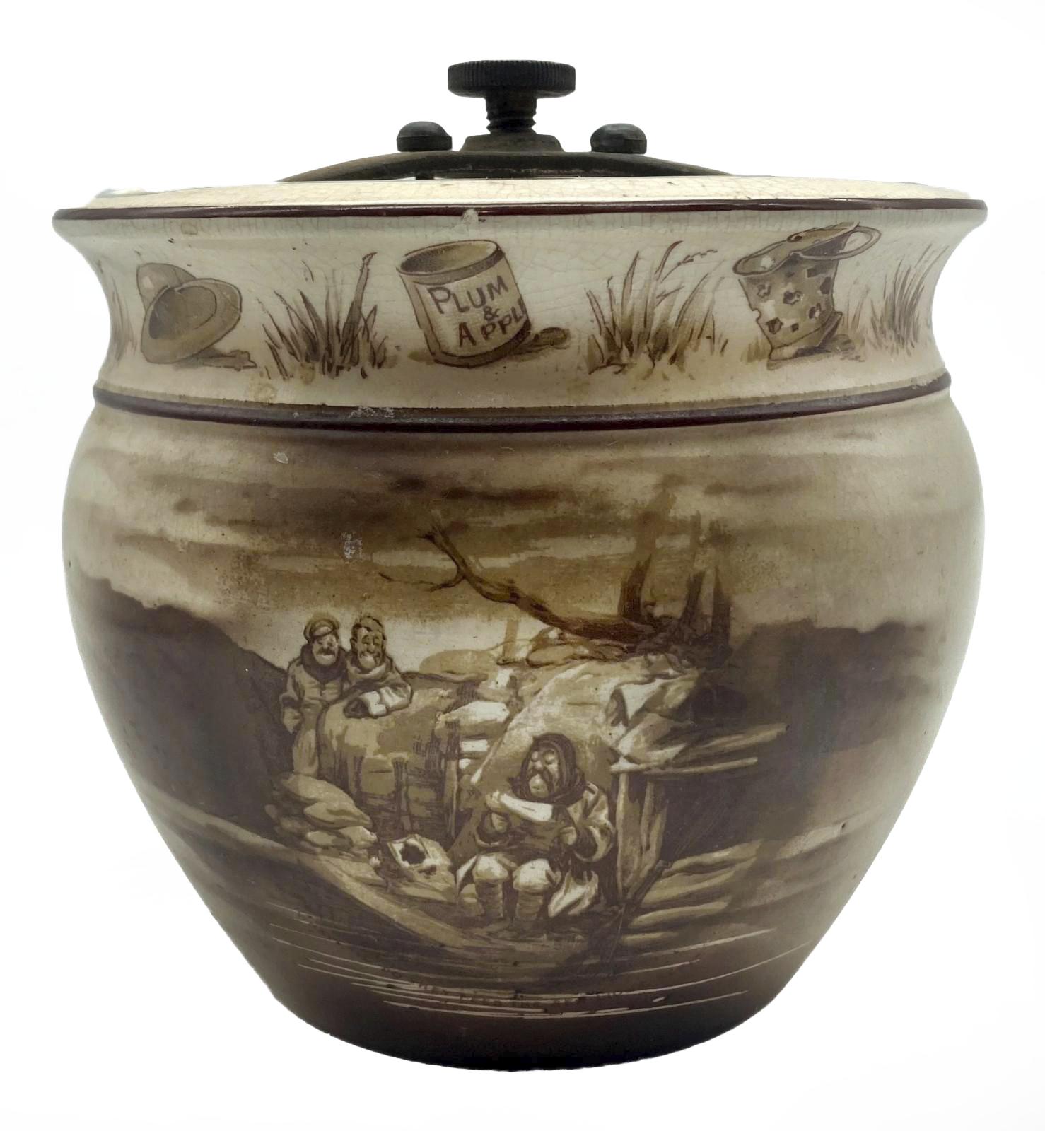WWI era tobacco jar featuring Bruce Bairnsfather cartoon - third side view