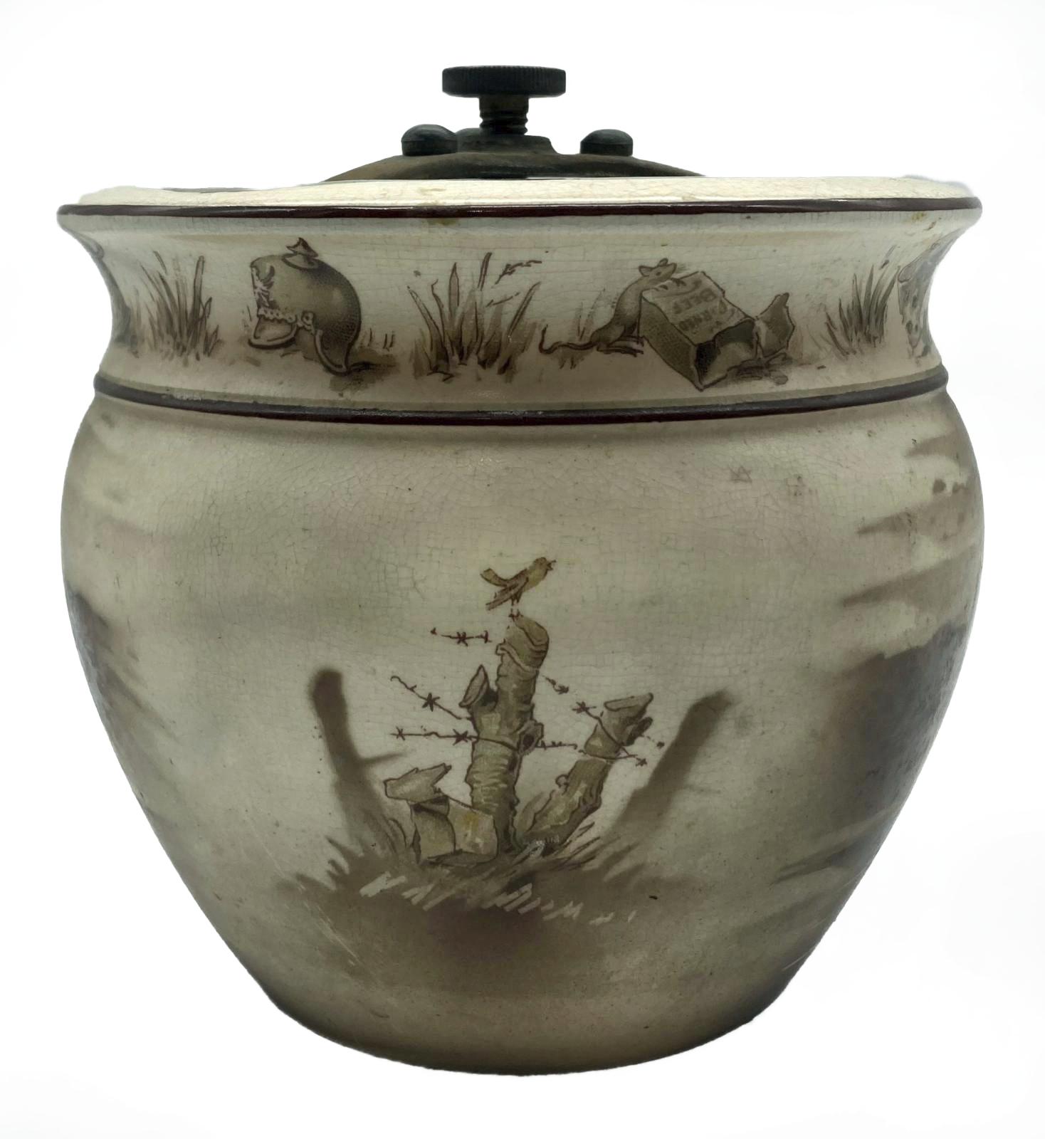 WWI era tobacco jar featuring Bruce Bairnsfather cartoon - fourth side view