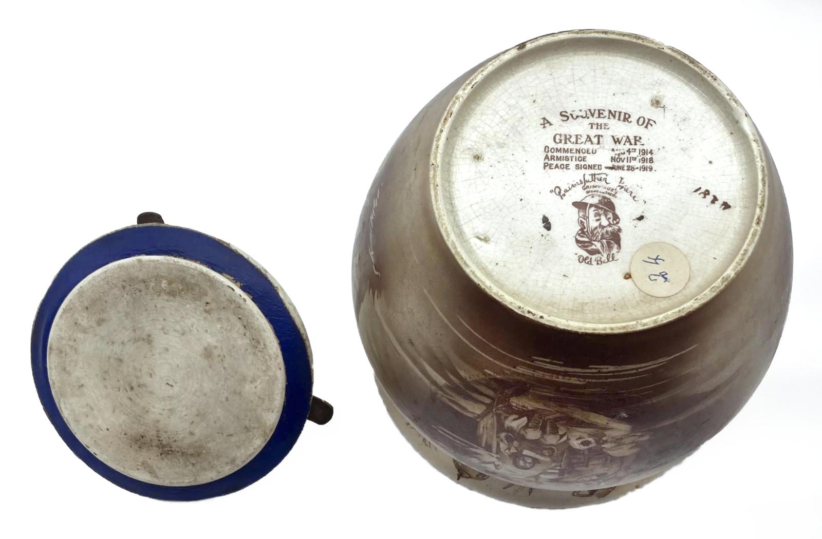 WWI era tobacco jar featuring Bruce Bairnsfather cartoon - base view of jar and lid
