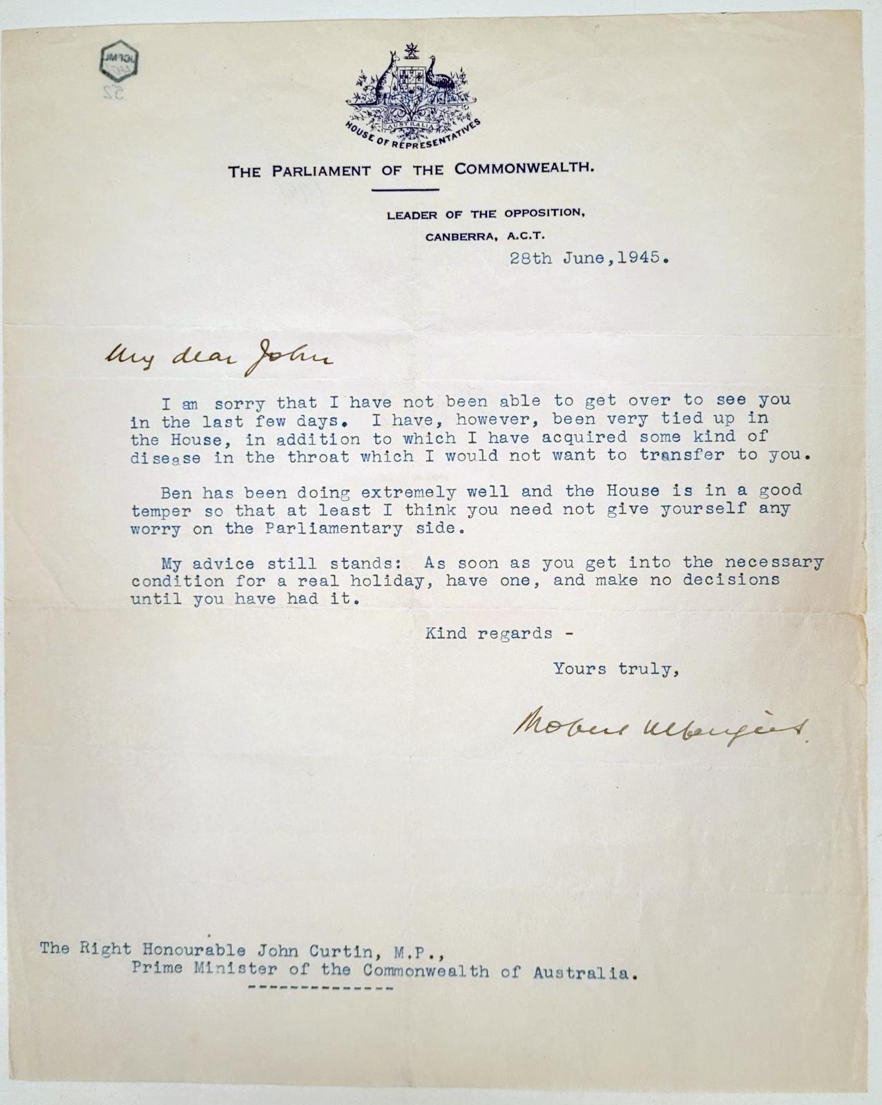 Letter from Robert Menzies to John Curtin. 