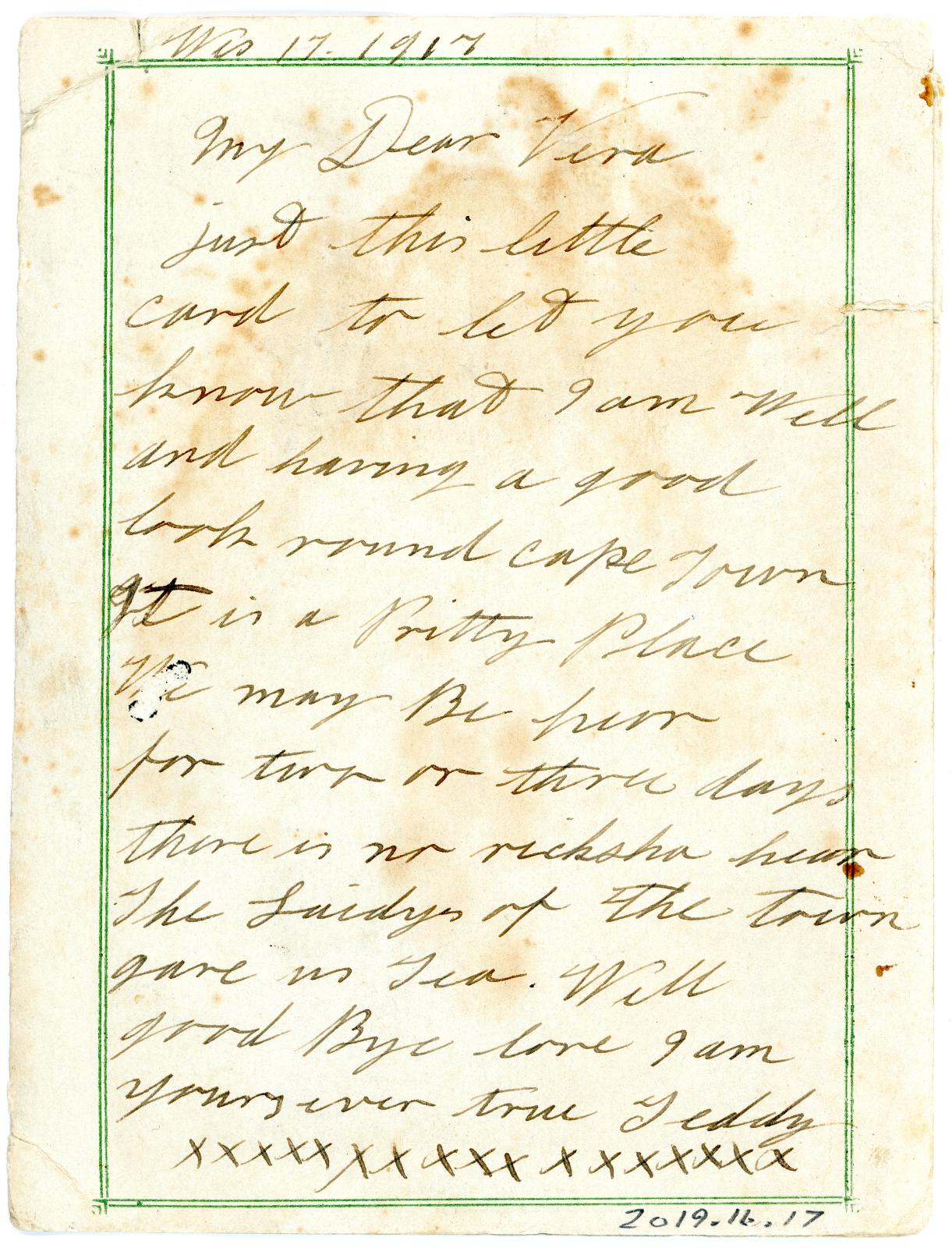 First World War South African Souvenir Card sent home from Pte. Edward Charles MOUCHEMORE