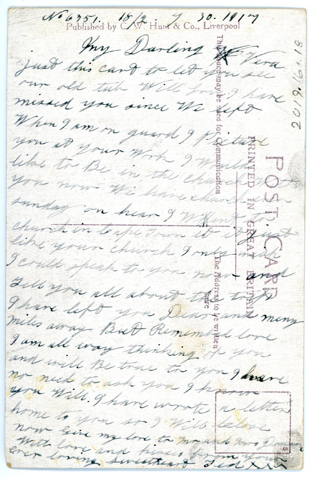 First World War Postcard of S.S. PERSIC sent home by Pte Edward Charles MOUCHEMORE 6351