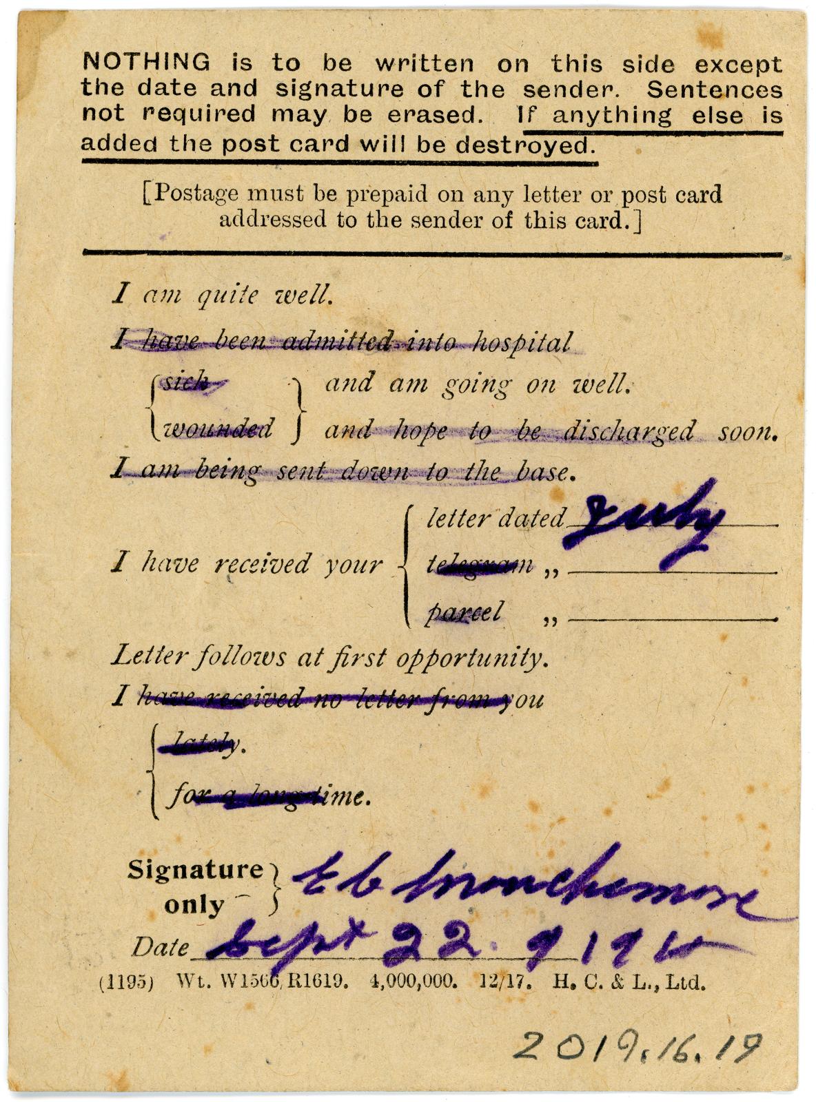 First World War Field Service Postcard from Pte. Edward Charles MOUCHEMORE 6351